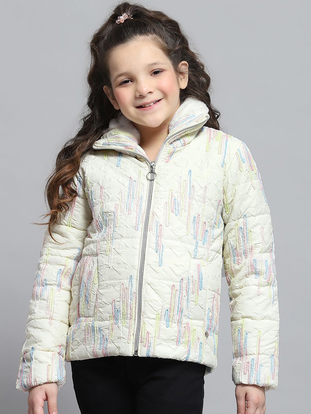 

Monte Carlo Girls Mock Collar Self Design Casual Lightweight Padded Jacket, Off white