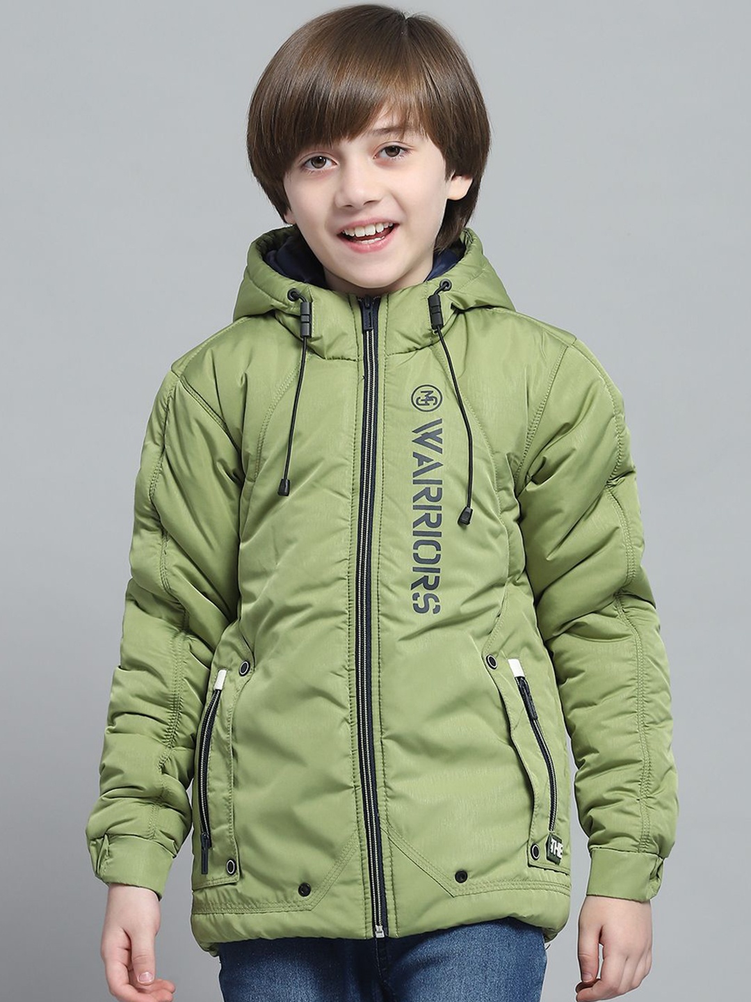 

Monte Carlo Boys Hooded Typography Printed Casual Lightweight Padded Jacket, Green