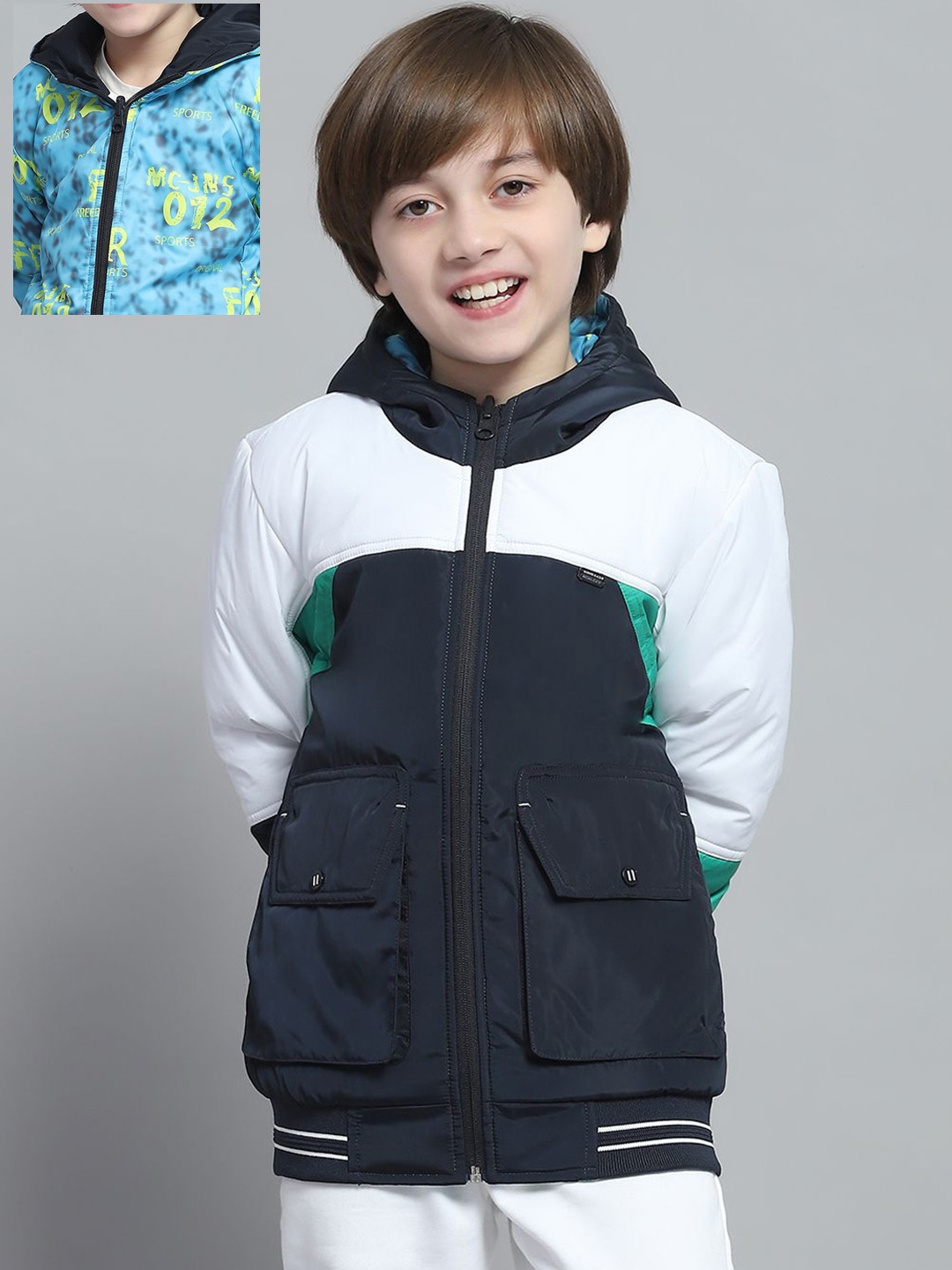 

Monte Carlo Boys Hooded Colourblocked Casual Reversible Bomber Jacket, Navy blue