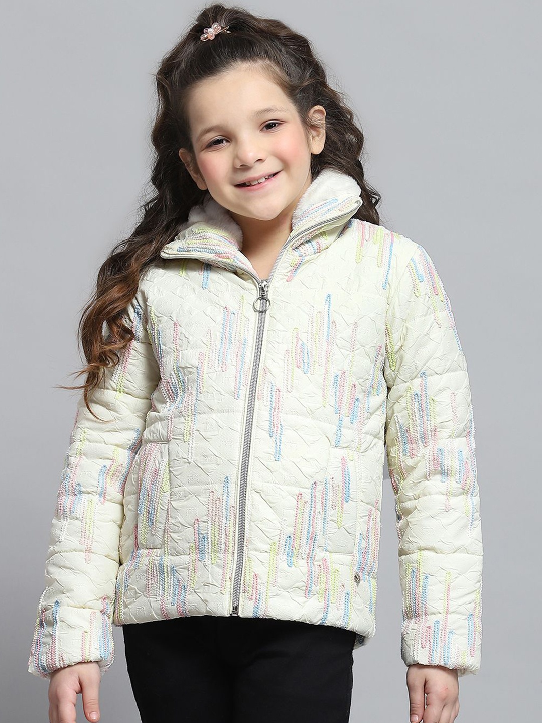 

Monte Carlo Girls Mock Collar Self Design Casual Lightweight Padded Jacket, Off white