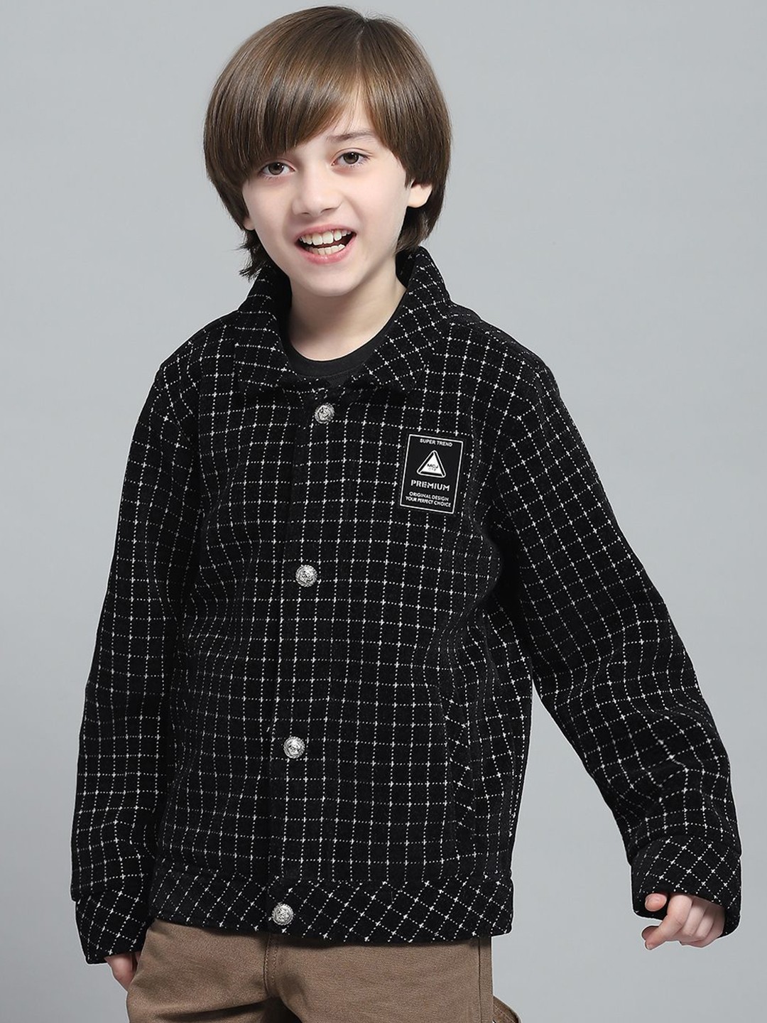 

Monte Carlo Boys Spread Collar Checked Casual Lightweight Tailored Jacket, Black