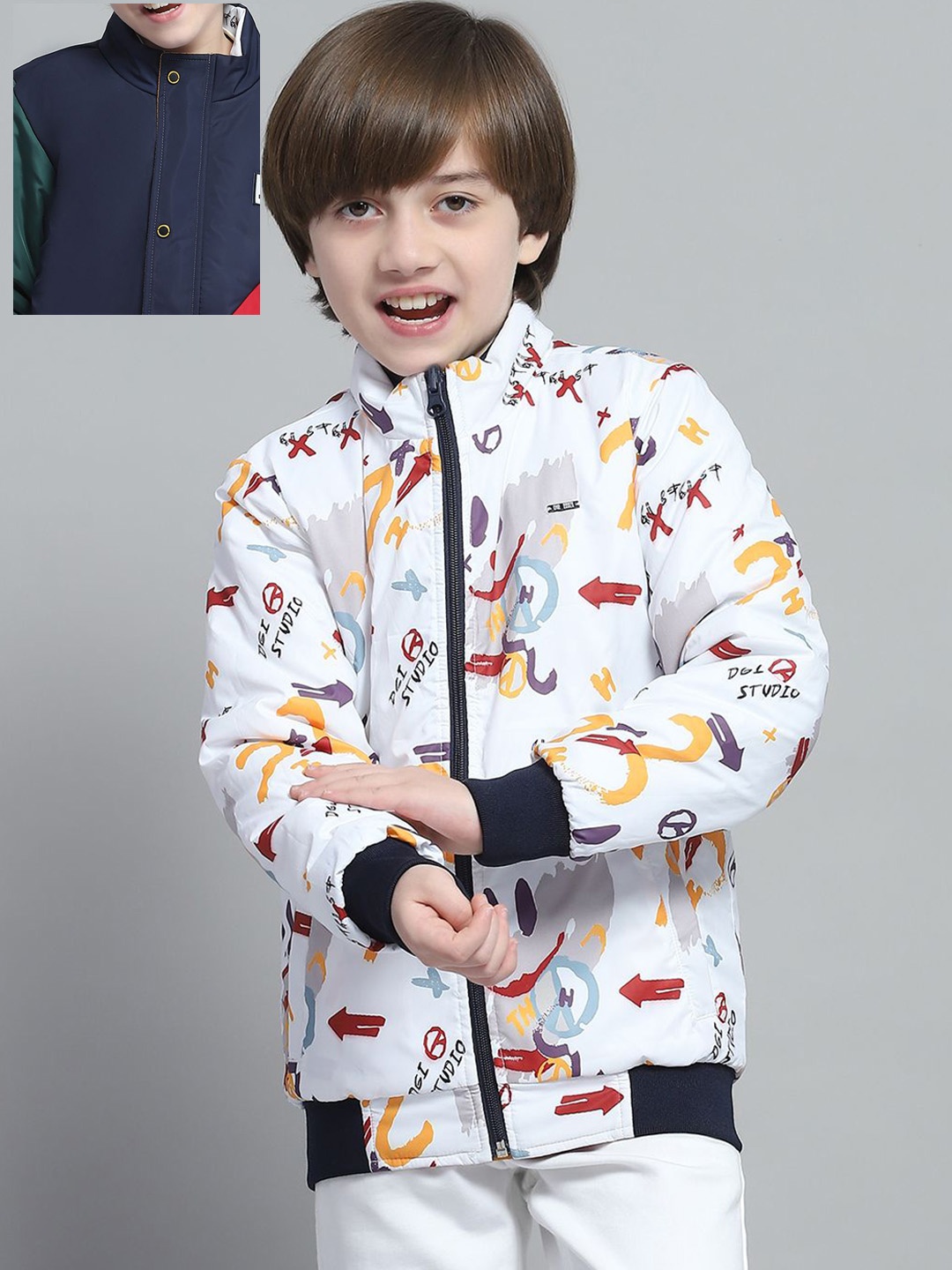 

Monte Carlo Boys Mock Collar Colourblocked Casual Reversible Bomber Jacket, Navy blue