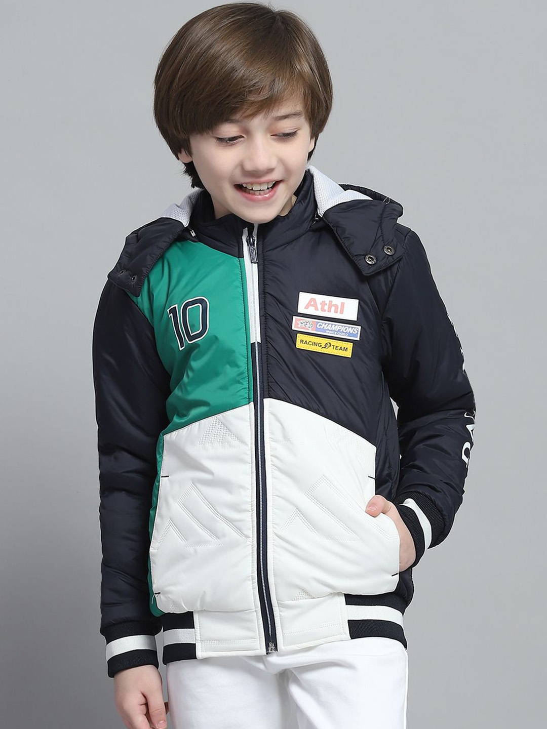 

Monte Carlo Boys Hooded Colourblocked Casual Lightweight Bomber Jacket, Navy blue