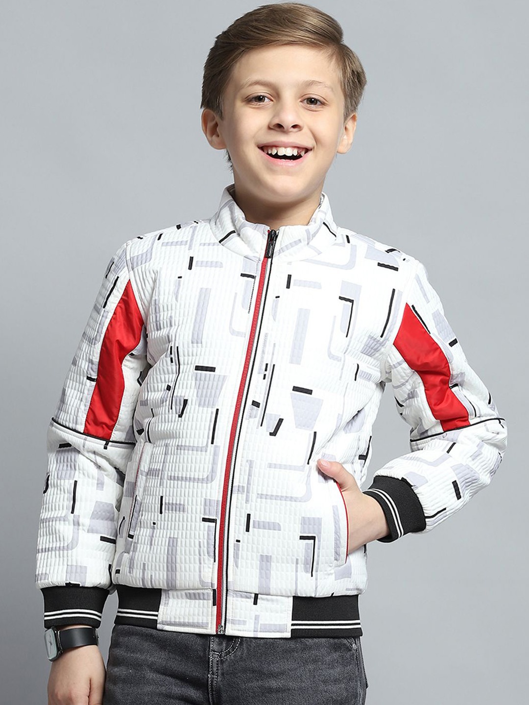 

Monte Carlo Boys Mock Collar Geometric Printed Casual Lightweight Bomber Jacket, White