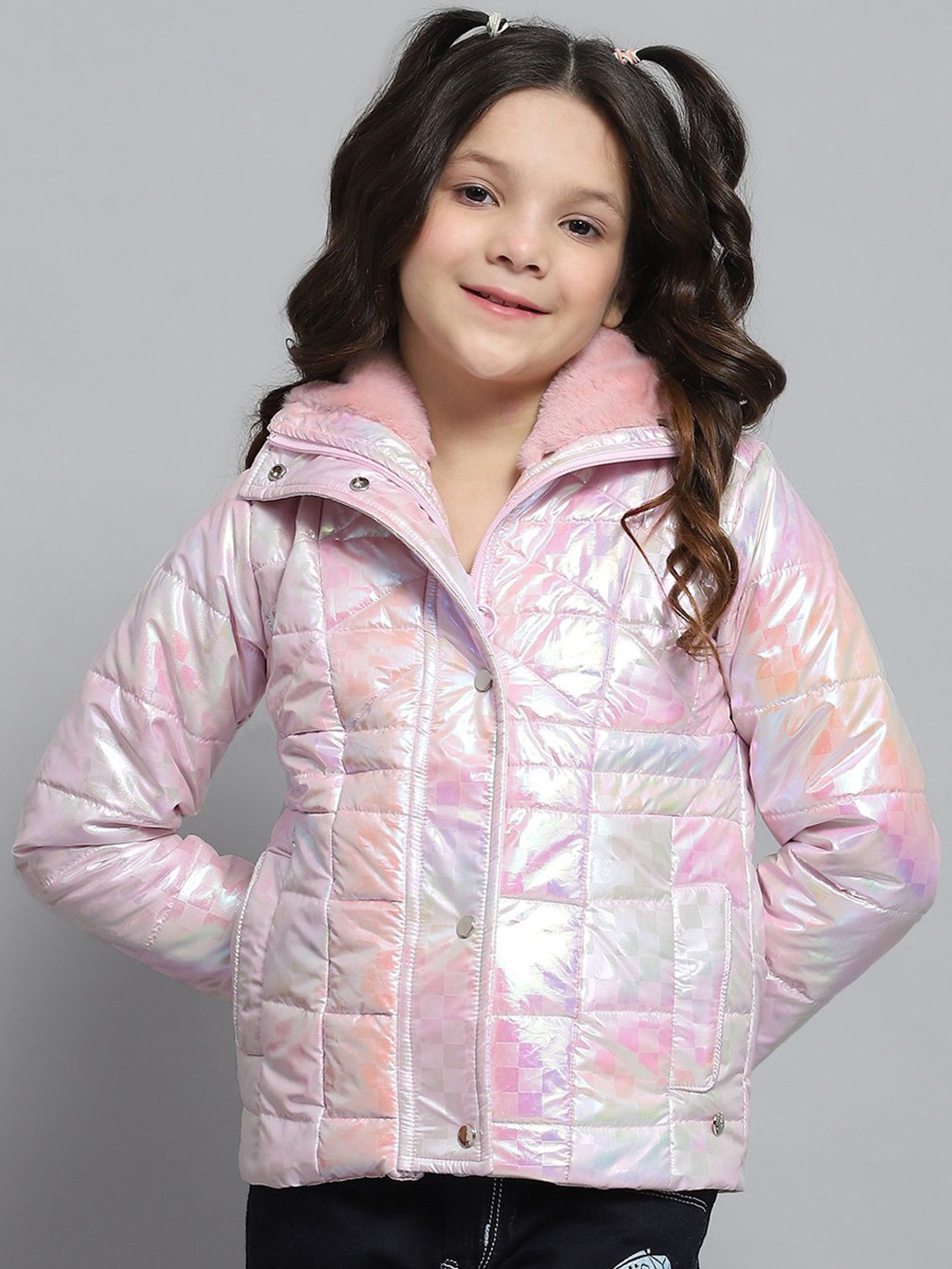 

Monte Carlo Girls Mock Collar Geometric Printed Casual Lightweight Parka Jacket, Pink