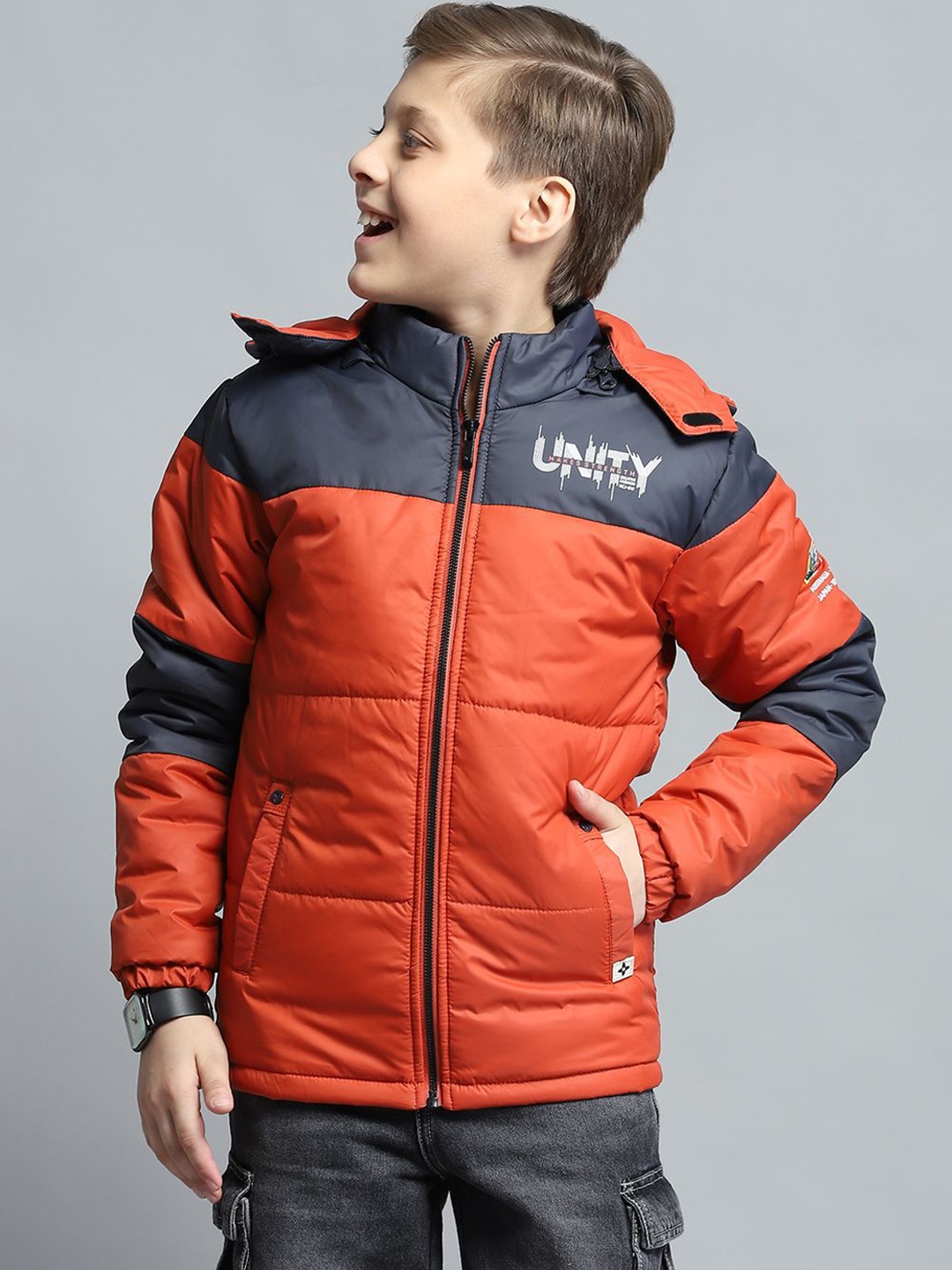 Monte Carlo Boys Hooded Colourblocked Casual Lightweight Padded Jacket, Red