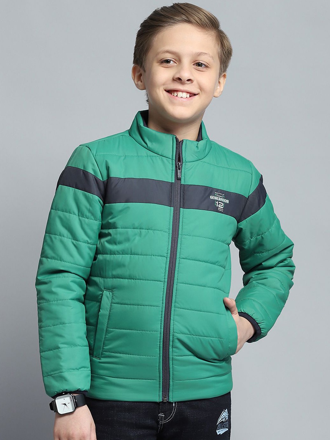 

Monte Carlo Boys Mock Collar Striped Casual Lightweight Padded Jacket, Green