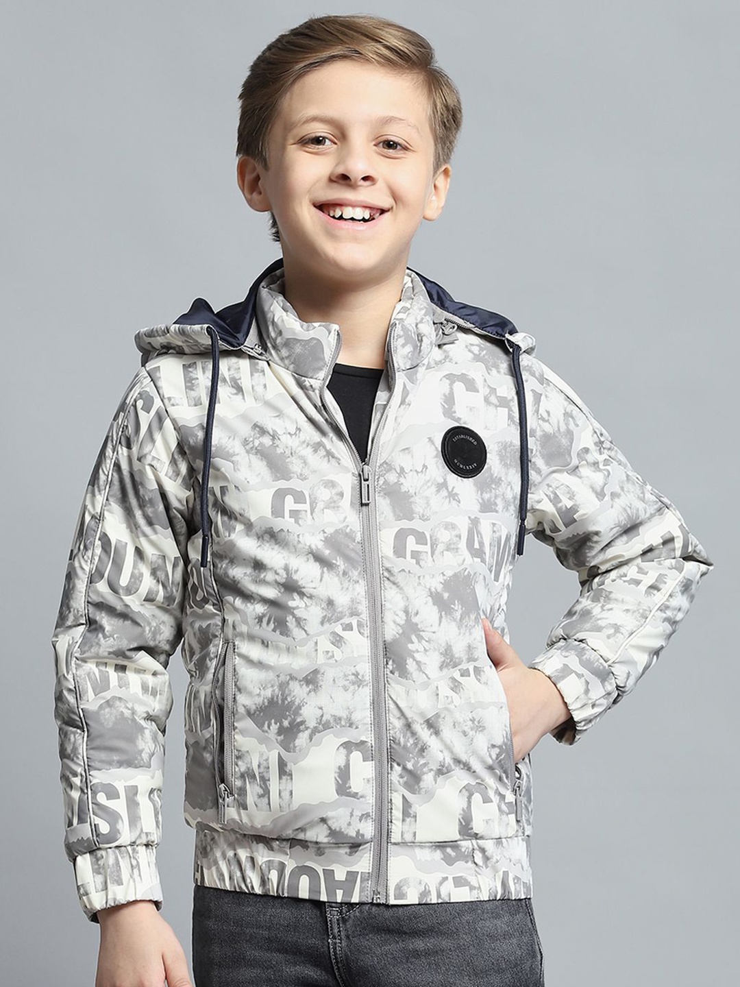 

Monte Carlo Boys Hooded Typography Printed Casual Lightweight Bomber Jacket, Grey