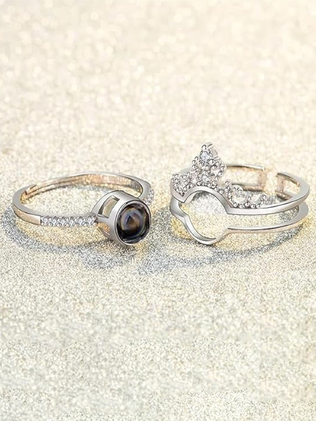 

RUHI COLLECTION Platinum Plated CZ Studded 100 Language Adjustable Double Finger Rings, Silver