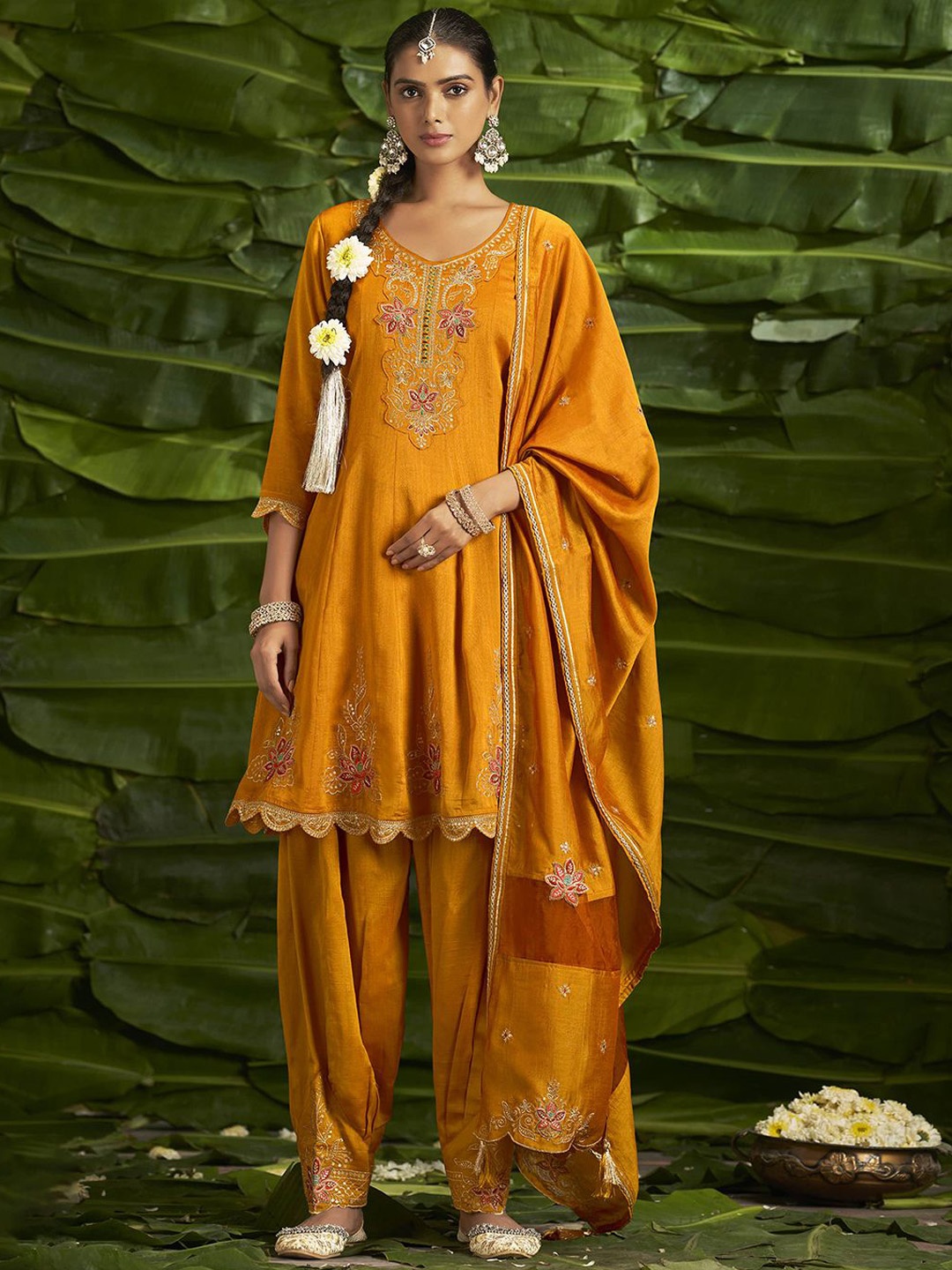 

Kvsfab Floral Embroidered Sequinned Anarkali Kurta With Salwar And Dupatta, Mustard