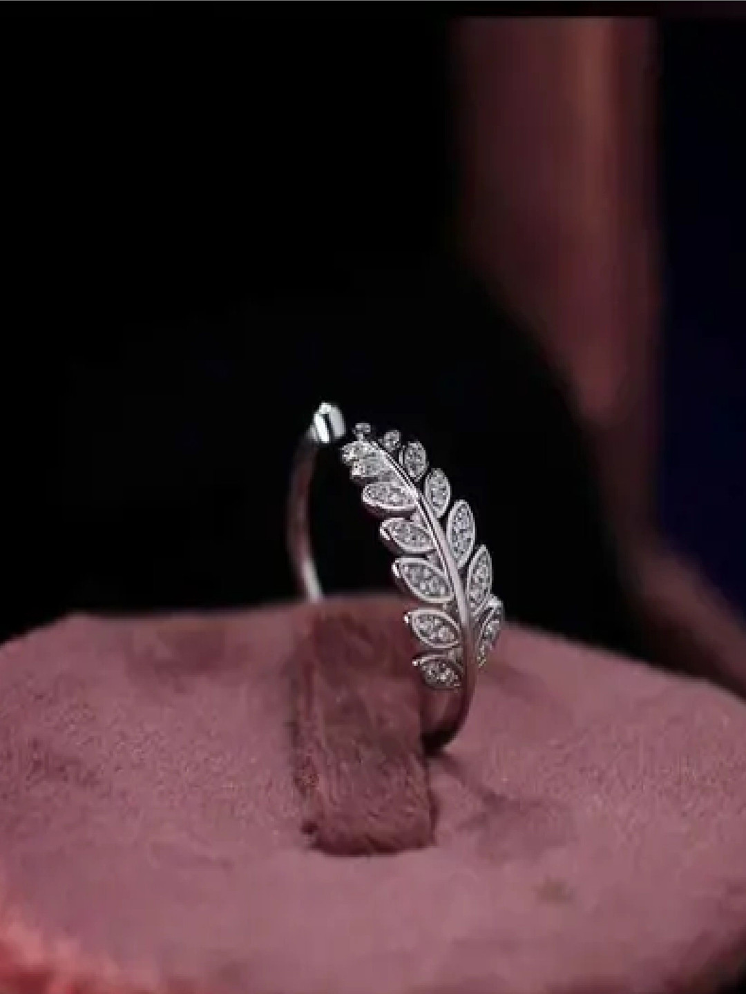 

RUHI COLLECTION Platinum Plated Stainless Steel CZ Studded Leaf Adjustable Finger Ring, Silver