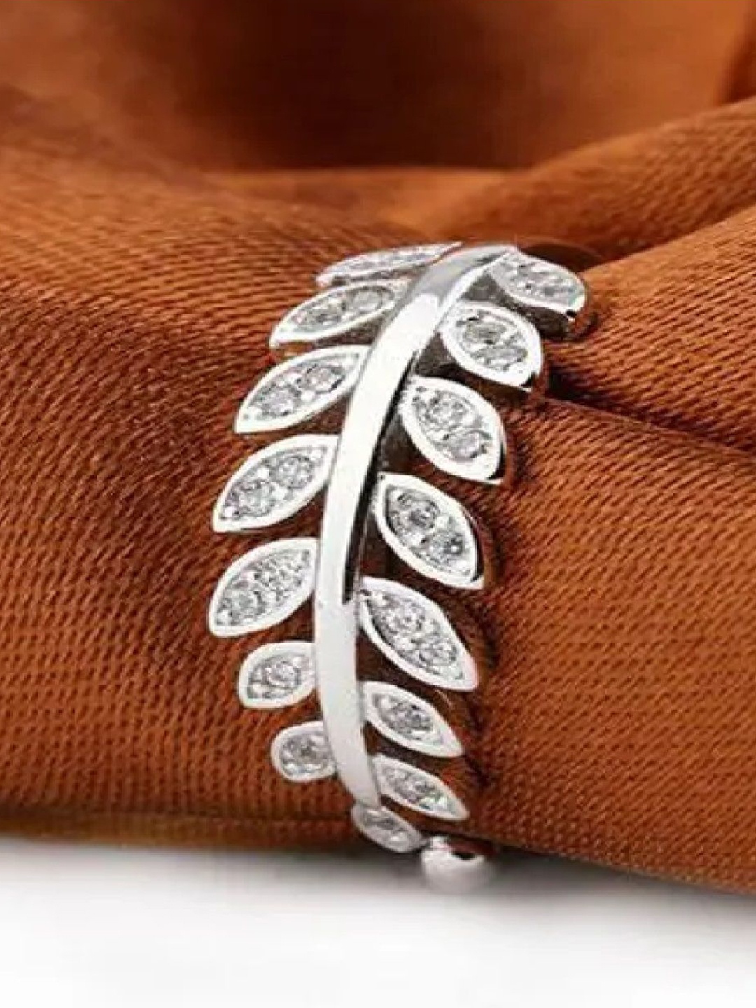 

RUHI COLLECTION Platinum Plated Stainless Steel AD Studded Leaf Adjustable Finger Ring, Silver