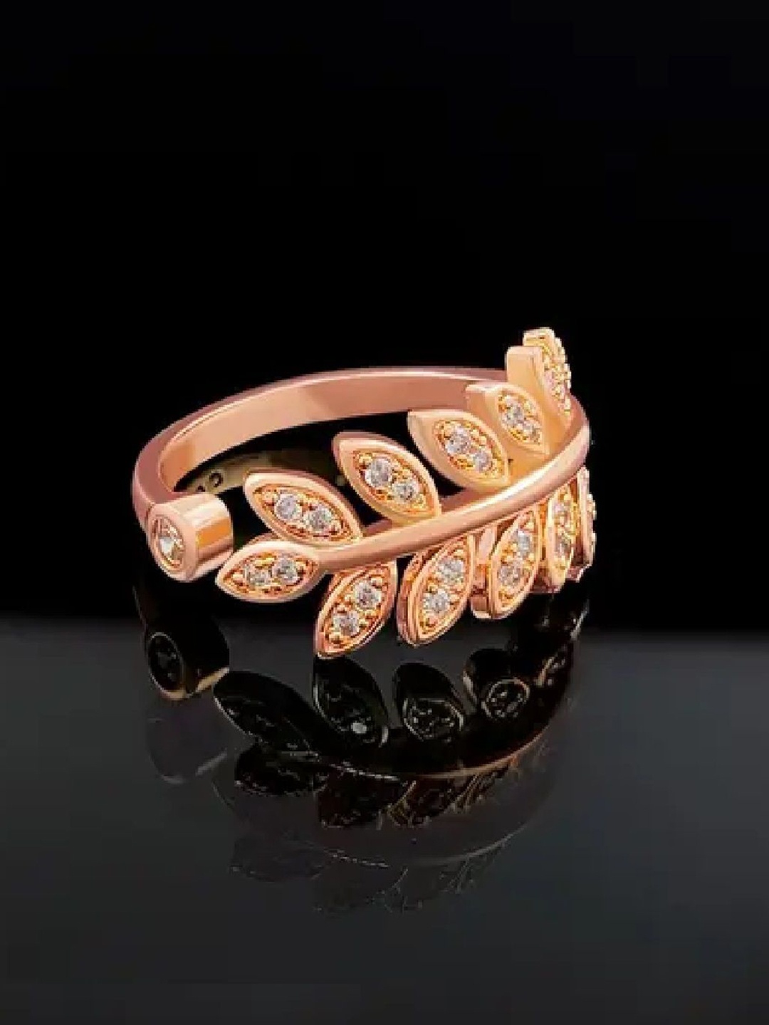 

RUHI COLLECTION Stainless Steel American Diamond Studded Leaf Adjustable Finger Ring, Rose gold