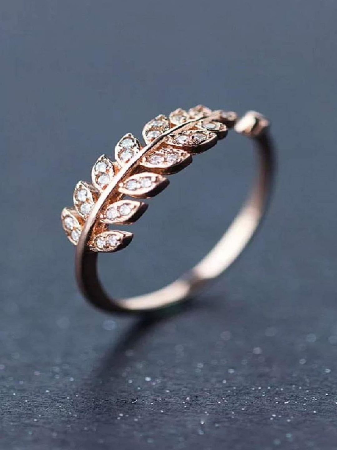 

RUHI COLLECTION Stainless Steel American Diamond Studded Leaf Adjustable Finger Ring, Rose gold