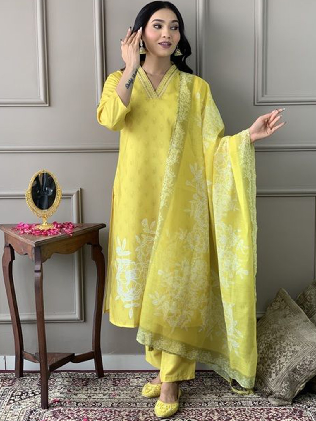 

KALINI Floral Printed V-Neck Sequinned Muslin Straight Kurta With Trouser & Dupatta, Yellow