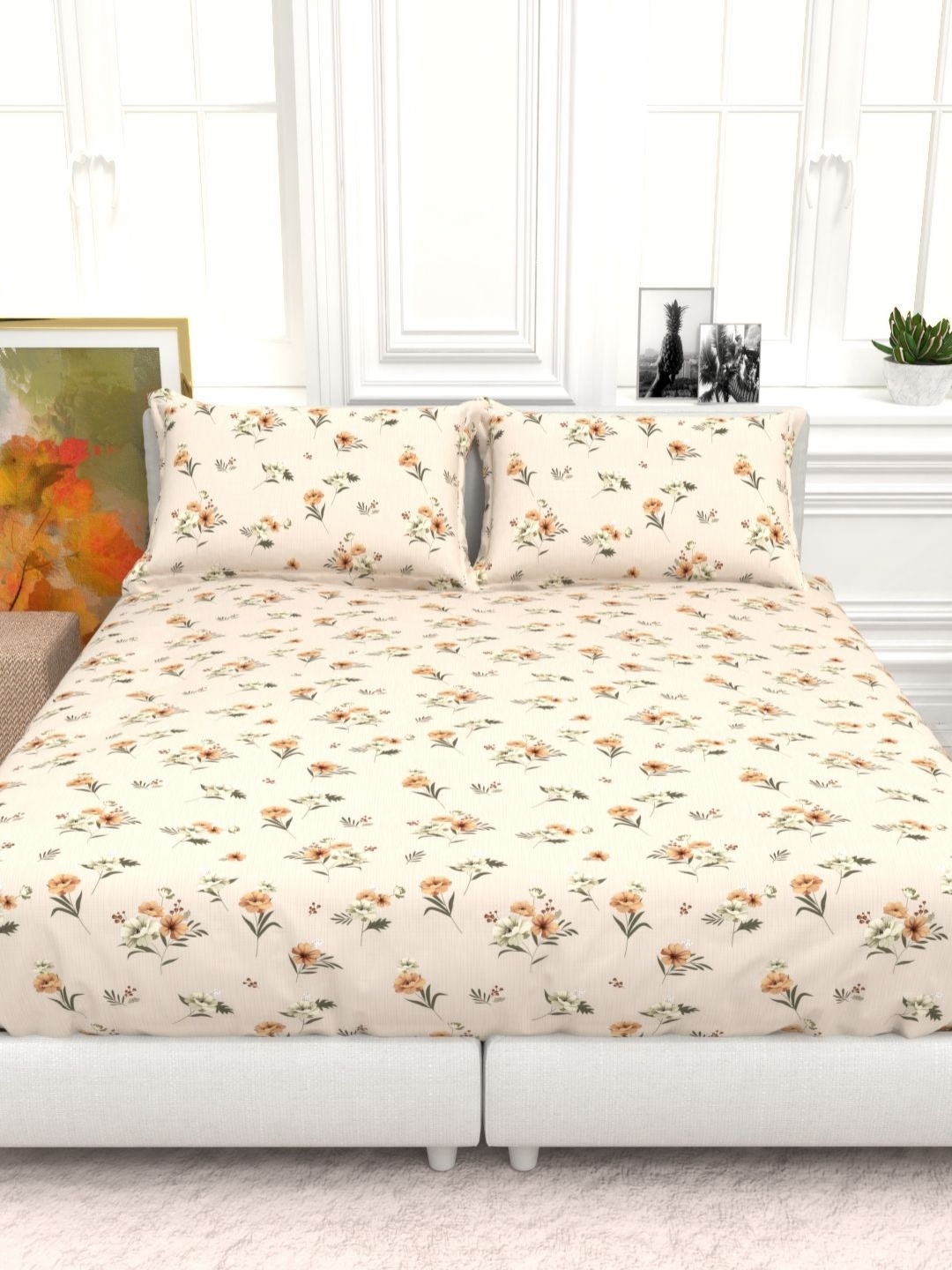 

THE WHITE MOSS IDA Off White Floral Printed 130 TC Queen Bedsheet Set 2.25 m x 2.50 m