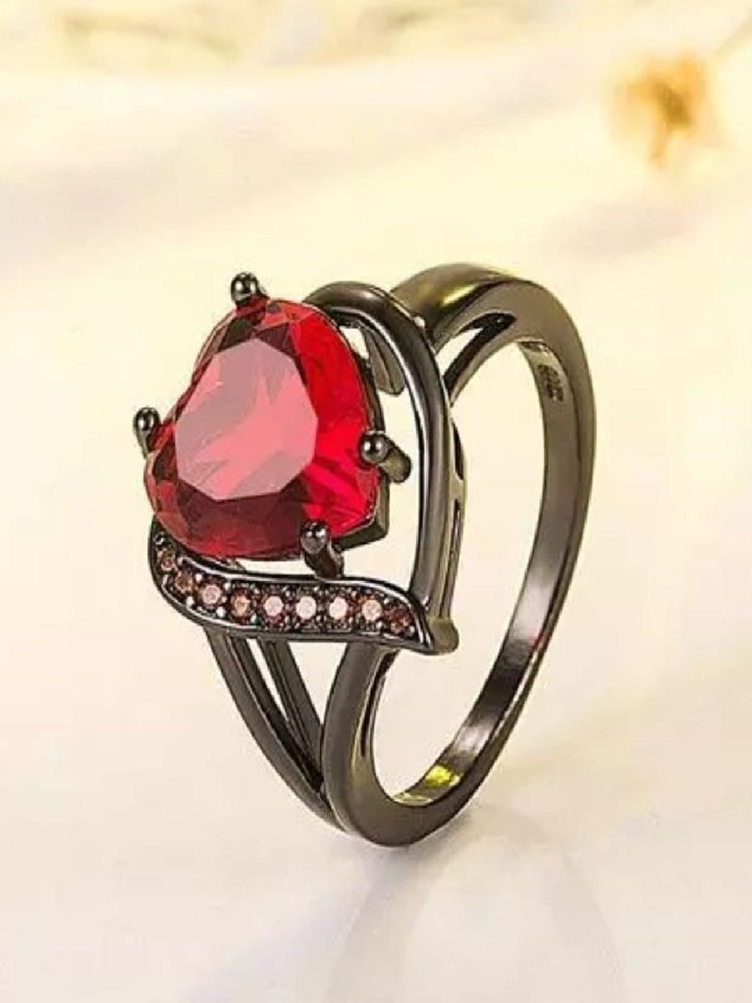 

RUHI COLLECTION Platinum Plated Stainless Steel Cubic Zirconia Studded Heart Finger Ring, Silver