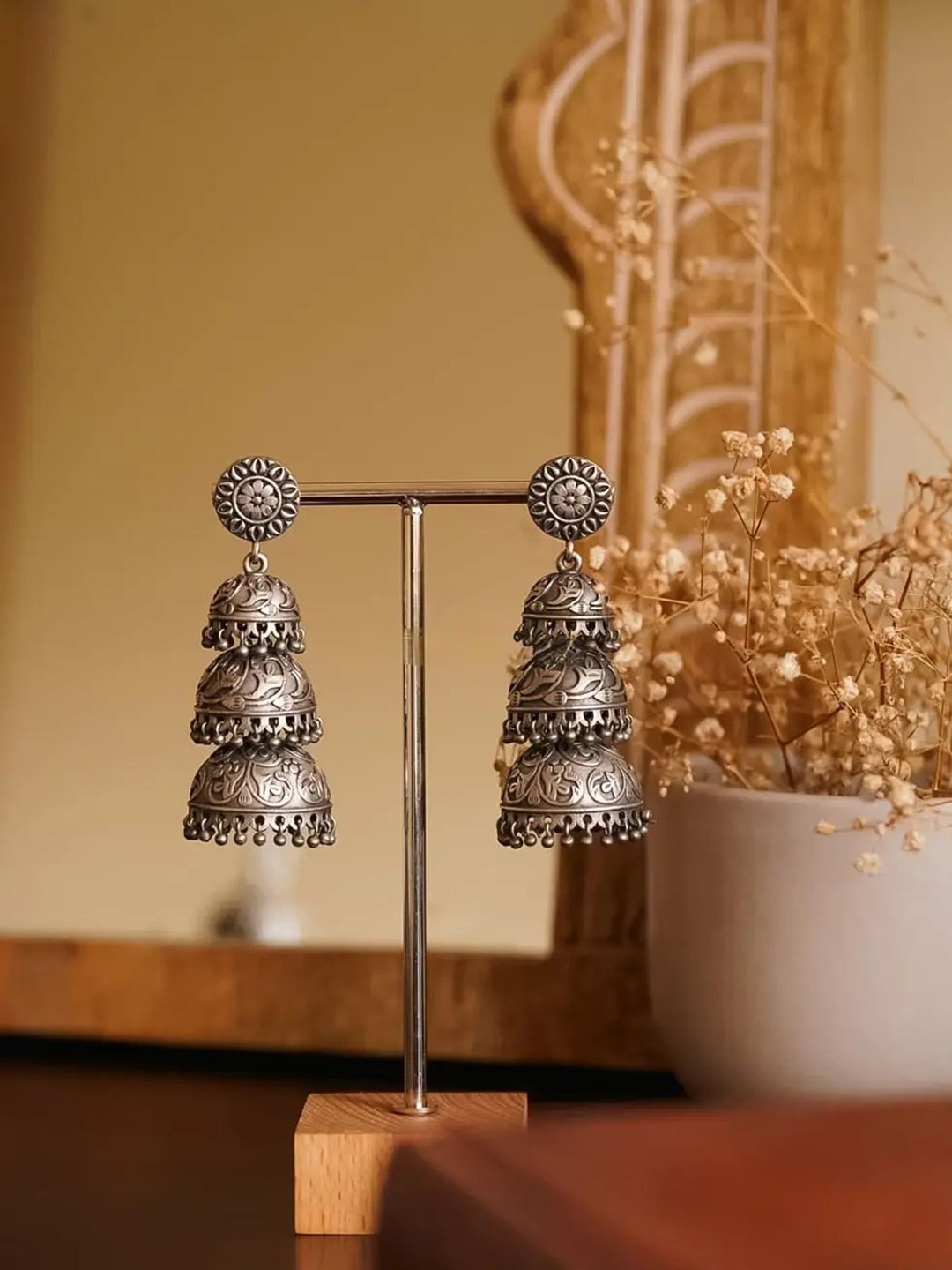 

Dulcett Silver-Plated Dome Shaped Oxodised Jhumkas