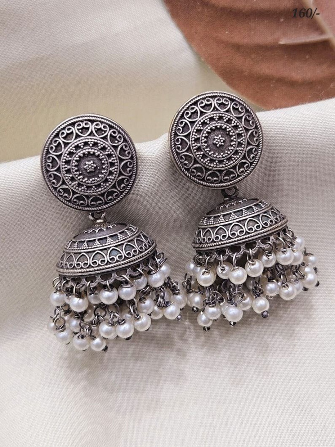 

Dulcett Silver-Plated Artificial Pearls Dome Shaped Oxodised Jhumkas