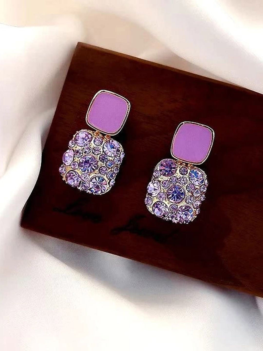 

BEYTER Korean Stainless Steel Crystal Studded Square Shaped Drop Earrings, Purple