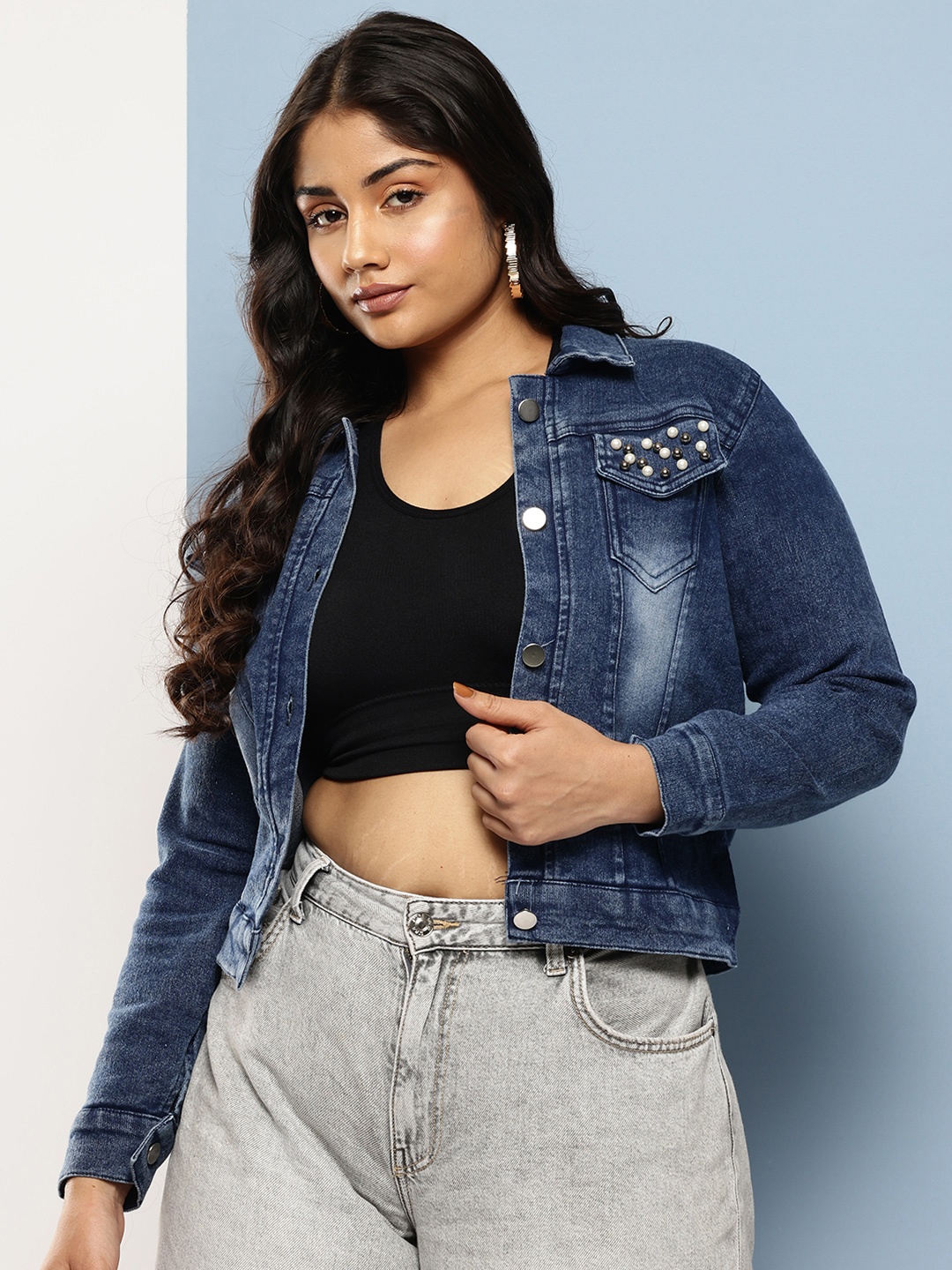

Aarika Washed Lightweight Denim Jacket With Bead Studded Details, Navy blue