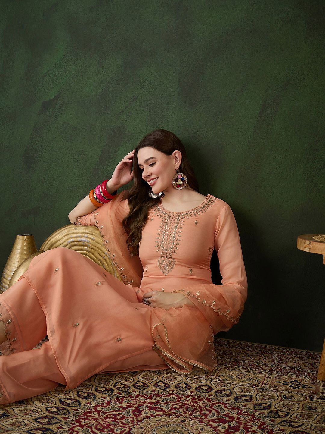 

Sangria Peach Floral Embroidered Zari Straight Kurta With Trouser And Dupatta