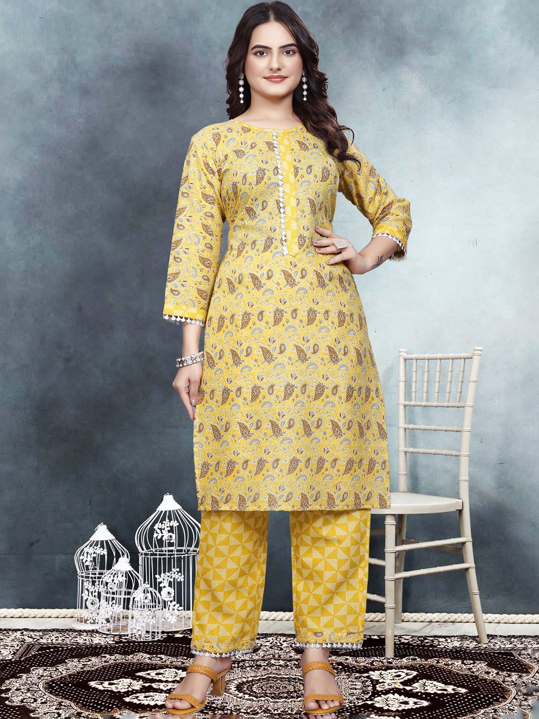 

Ekta Textiles Ethnic Motifs Printed Lace Work Pure Cotton Straight Kurta with Trouser, Yellow