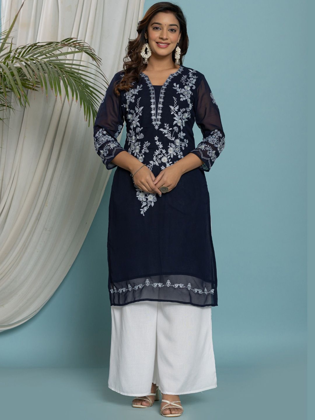 

VEDANA Floral Embroidered V-Neck Georgette Straight Kurta, Navy blue