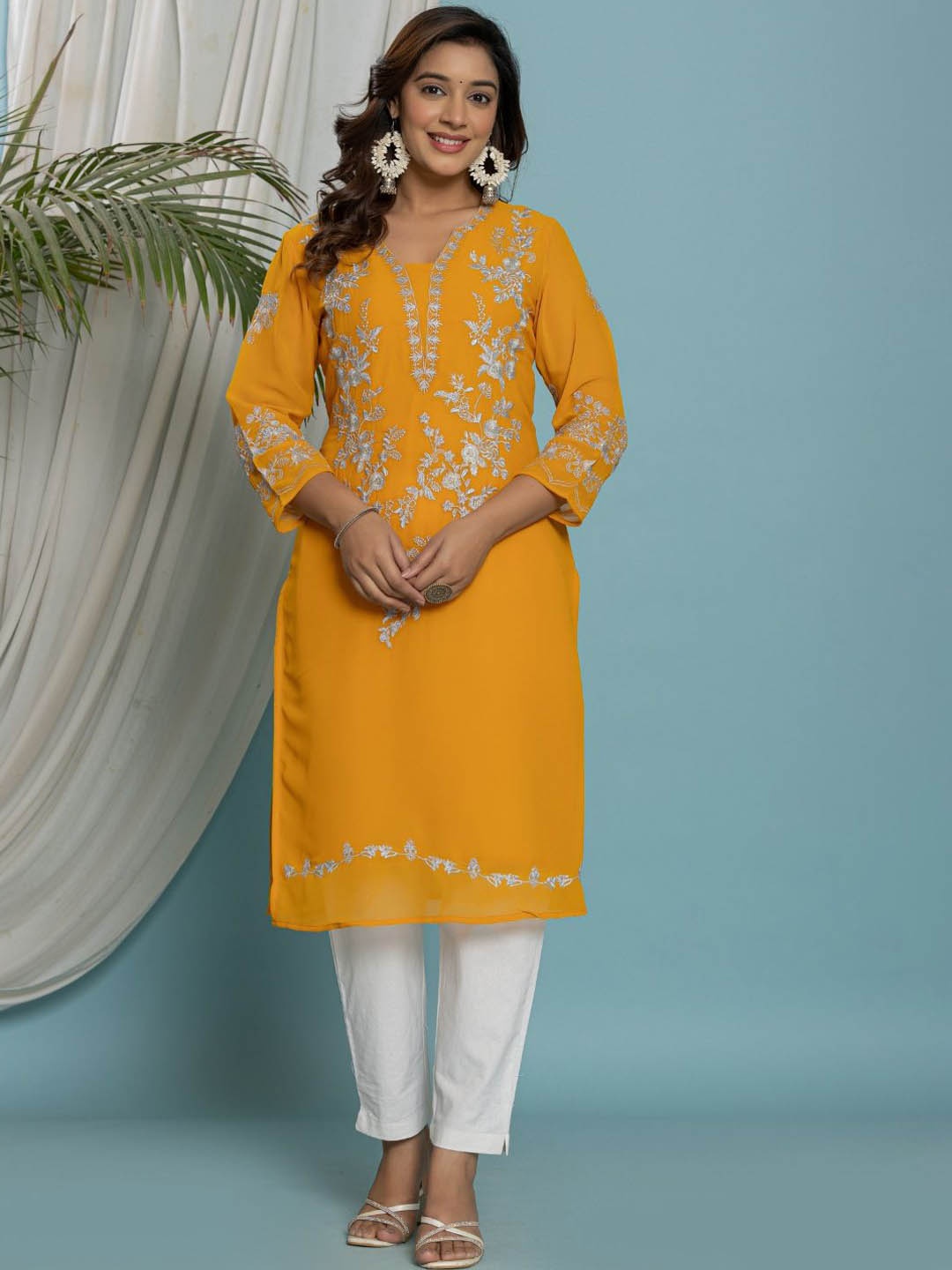 

VEDANA Floral Embroidered V-Neck Georgette Straight Kurta, Mustard