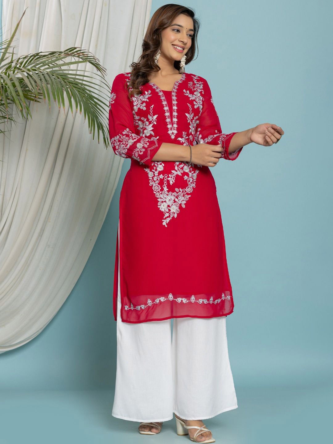 VEDANA Floral Embroidered V-Neck Georgette Straight Kurta, Pink