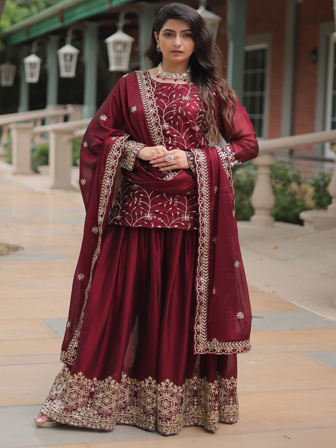 

KALINI Floral Embroidered Sequinned Square Neck Kurta With Sharara And Dupatta, Maroon