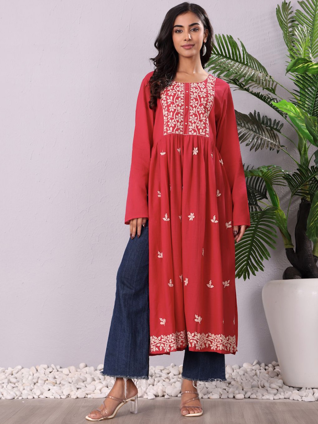 

Varanga Floral Embroidered Pleated Cotton A-Line Kurta, Red
