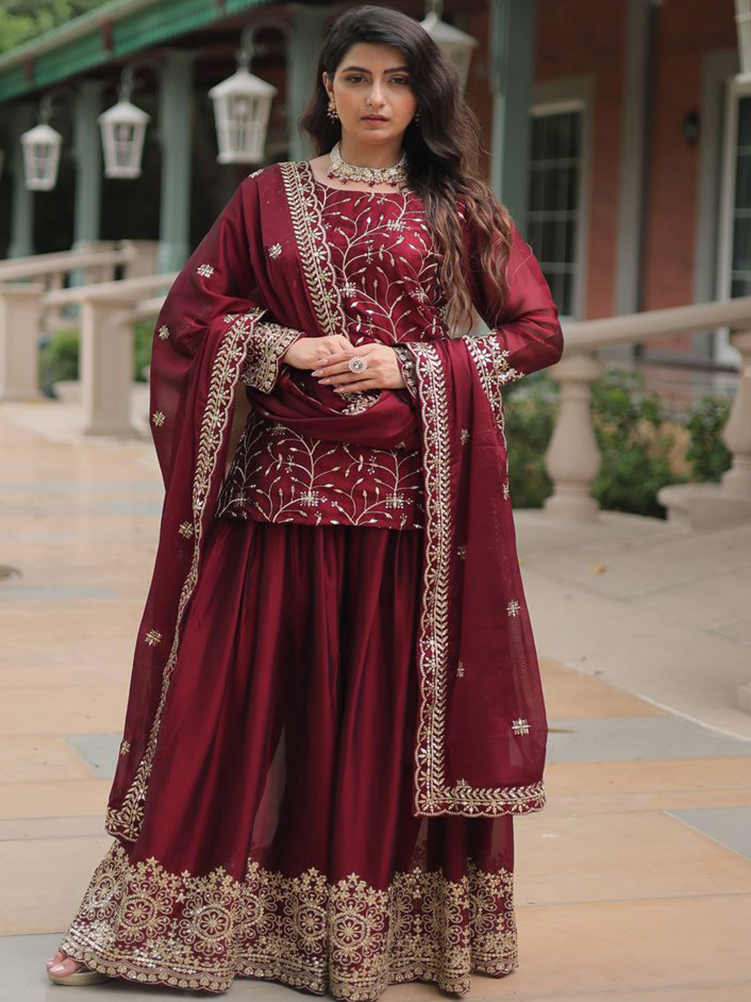 

KALINI Floral Embroidered Sequinned Square Neck Kurta With Sharara And Dupatta, Maroon