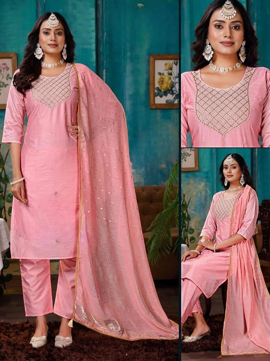 

REET MAHAL Women Ethnic Motifs Embroidered Regular Beads and Stones Velvet Kurta with Trousers & With Dupatta, Pink