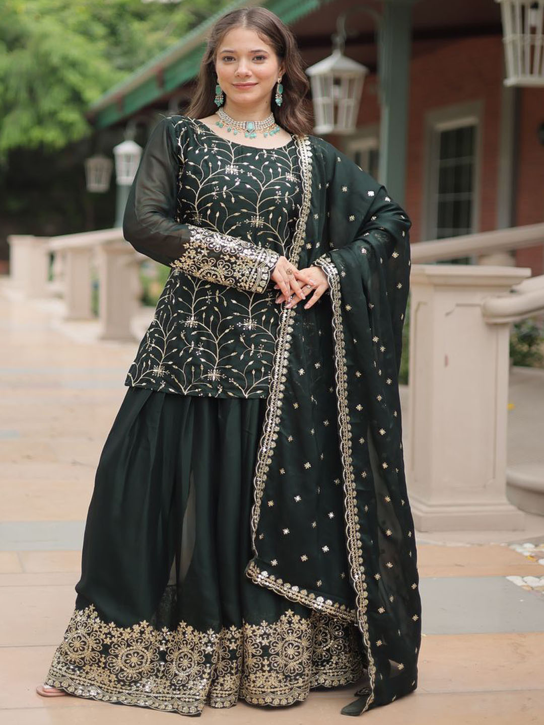 

KALINI Floral Embroidered Sequinned Square Neck Kurta With Sharara And Dupatta, Green