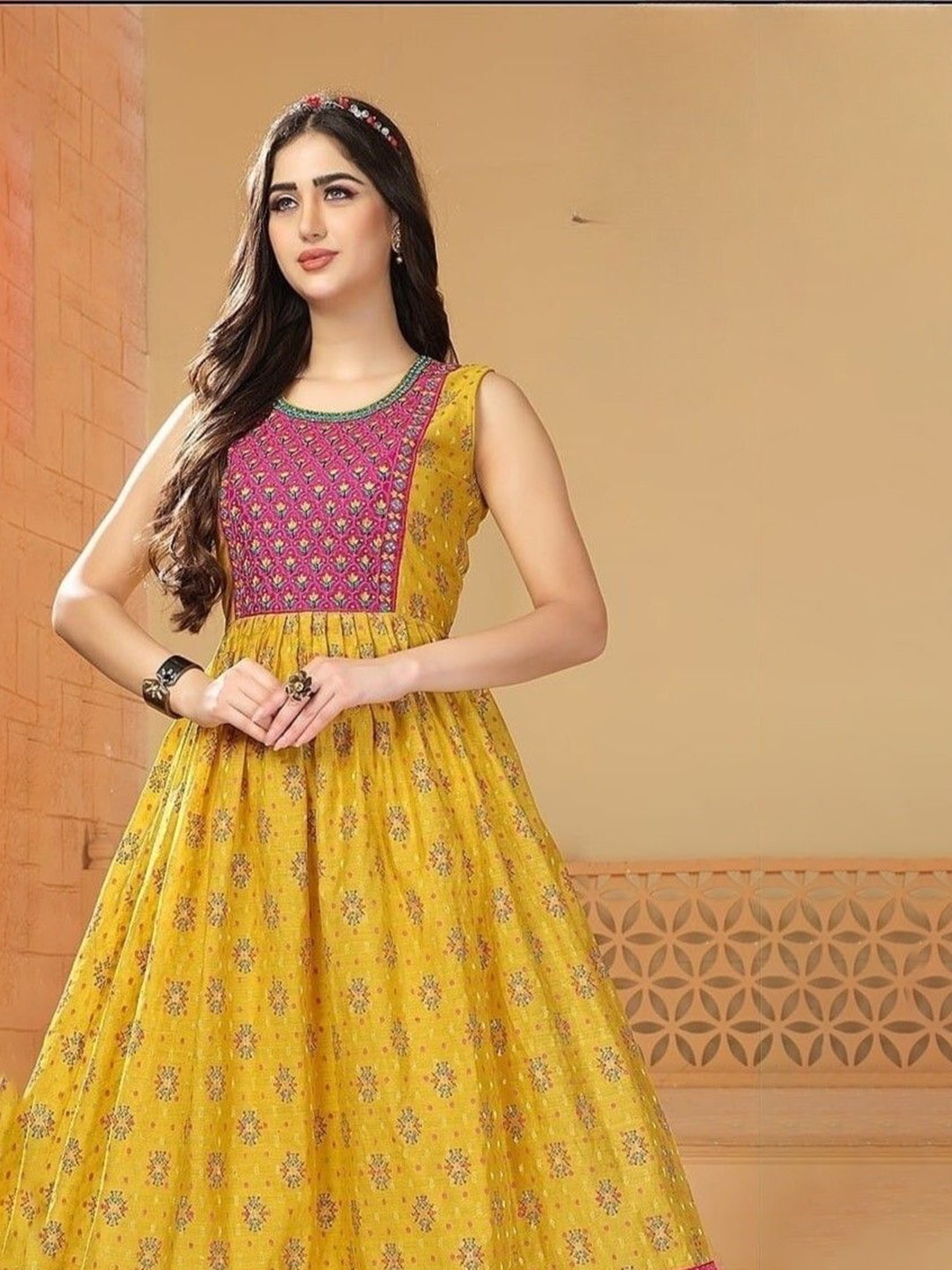 

REET MAHAL Floral Printed Round Neck Fit and Flare Velvet Ethnic Dress, Yellow