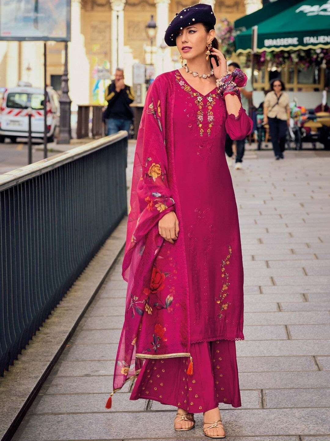 

REET MAHAL Floral Embroidered Beads and Stones Straight Kurta With Trouser & Dupatta, Pink