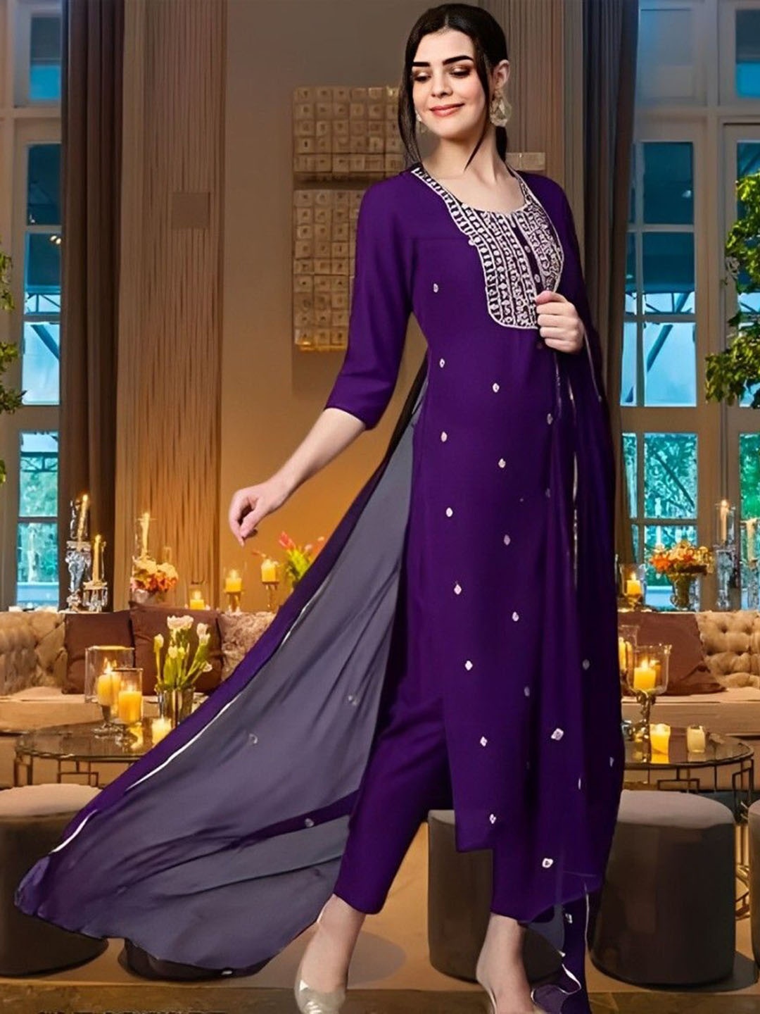 

REET MAHAL Floral Embroidered Round Neck Straight Kurta With Trouser & Dupatta, Purple