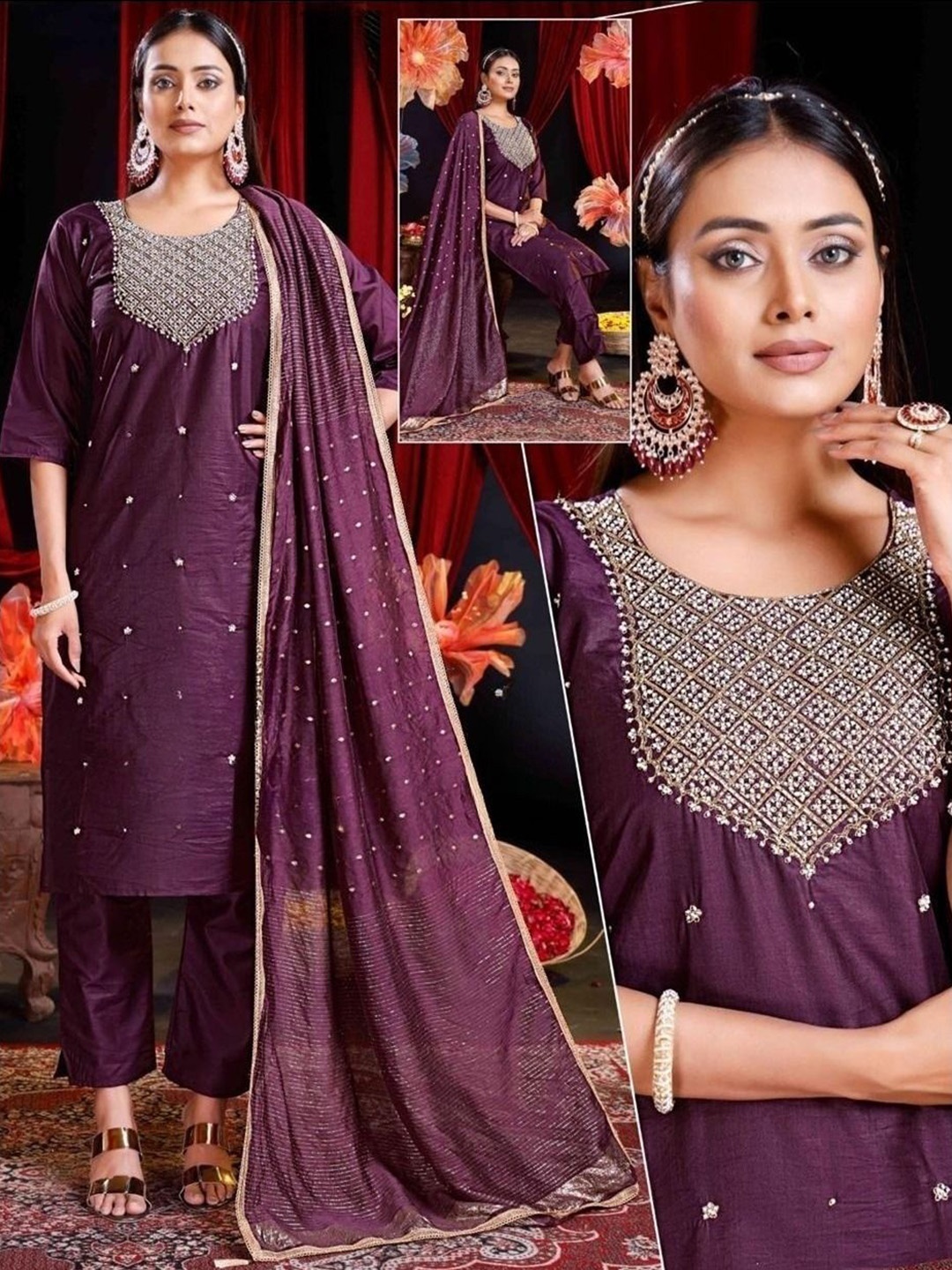 

REET MAHAL Floral Embroidered Round Neck Straight Kurta With Trouser & Dupatta, Purple