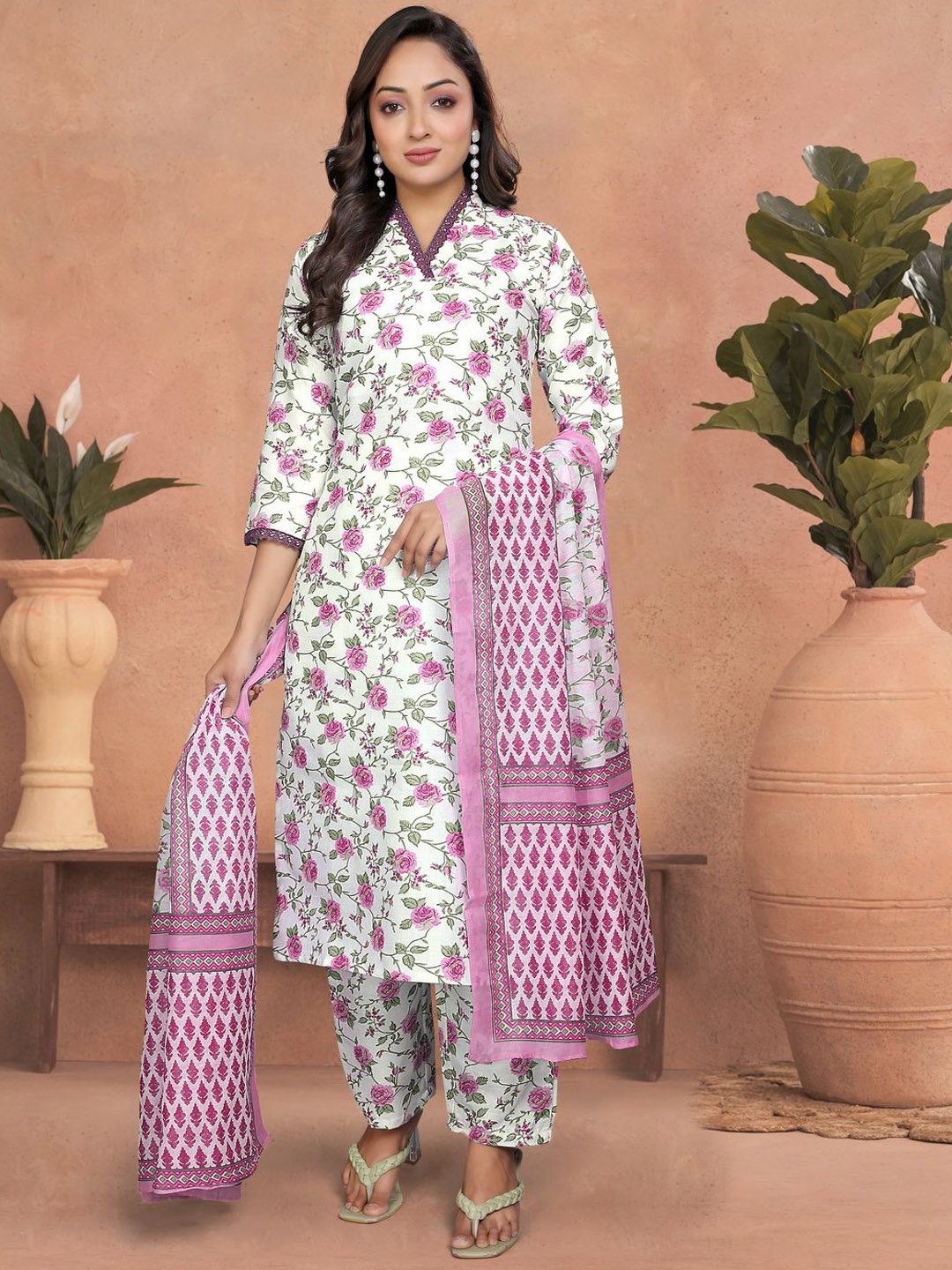 

Divyadham Floral Printed V Neck Lace Work Pure Cotton Kurta With Trouser And Dupatta, White