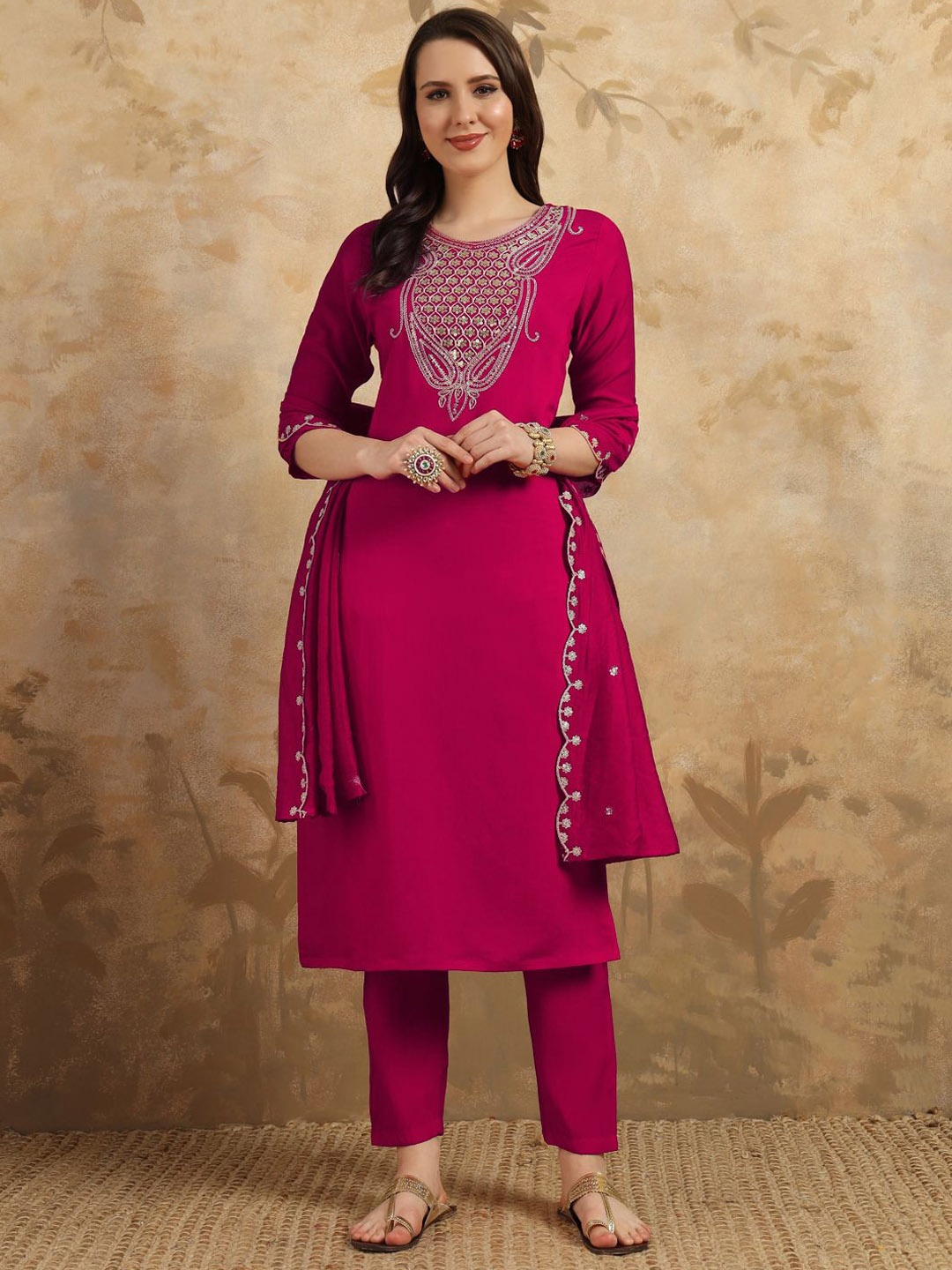 

ZIBLON Floral Yoke Design Zari Chanderi Cotton Straight Kurta With Trouser & Dupatta, Pink