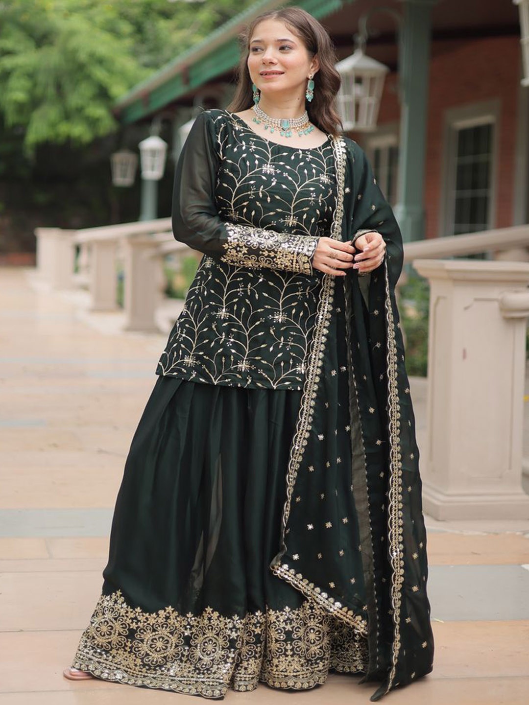

KALINI Floral Embroidered Mirror Work Boat Neck Straight Kurta with Sharara And Dupatta, Green