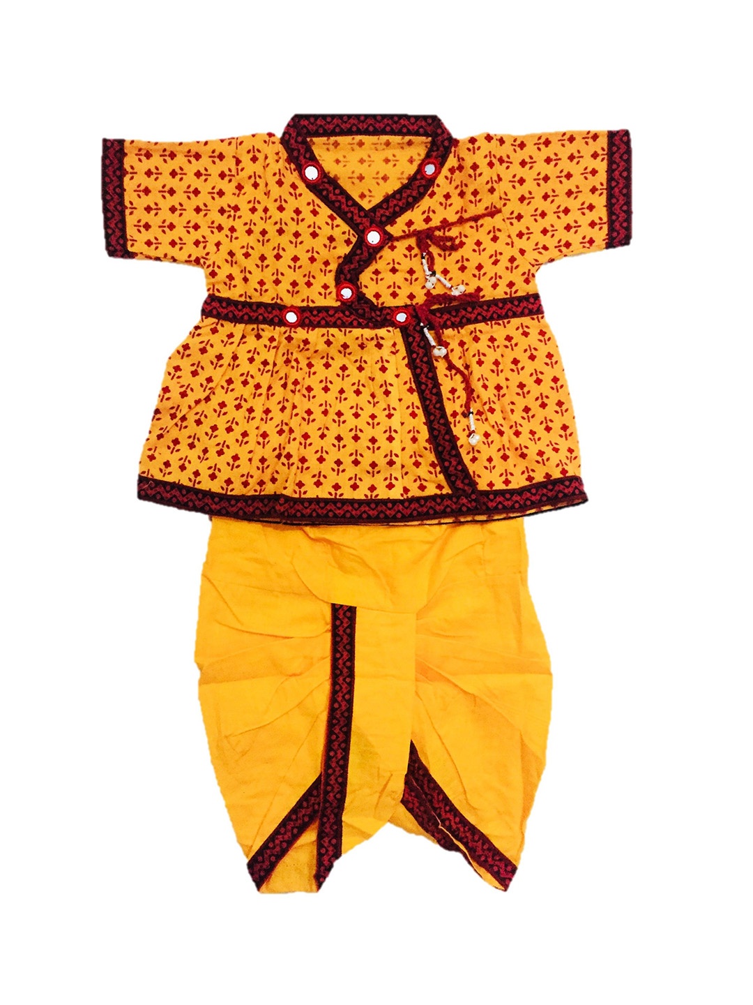 

PK HUB Boys Floral Printed Angrakha V-Neck Organic Cotton A-Line Kurta With Dhoti Pants, Mustard