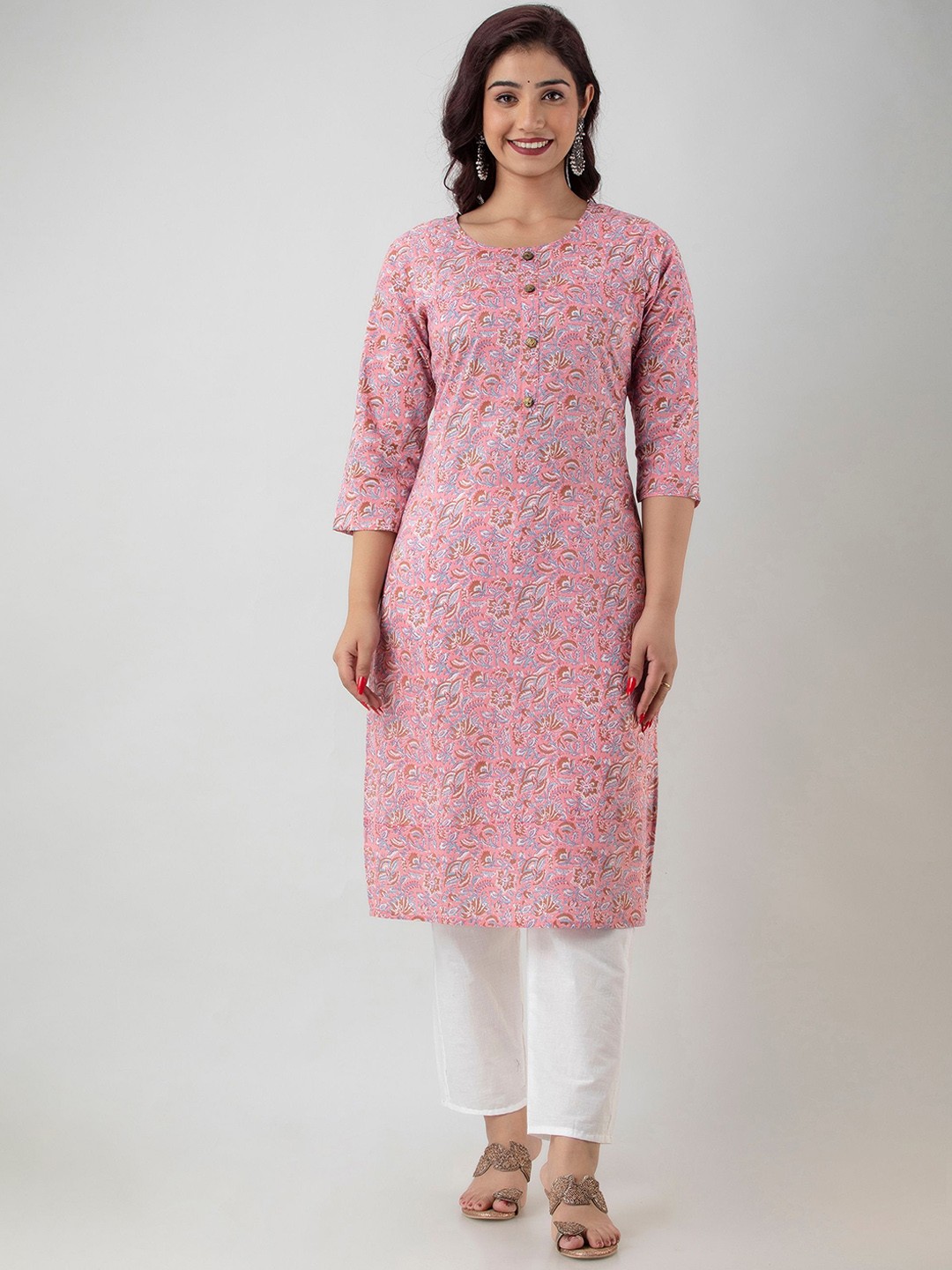 

Manvik fashion Floral Printed Round Neck straight Kurta With Trousers, Pink