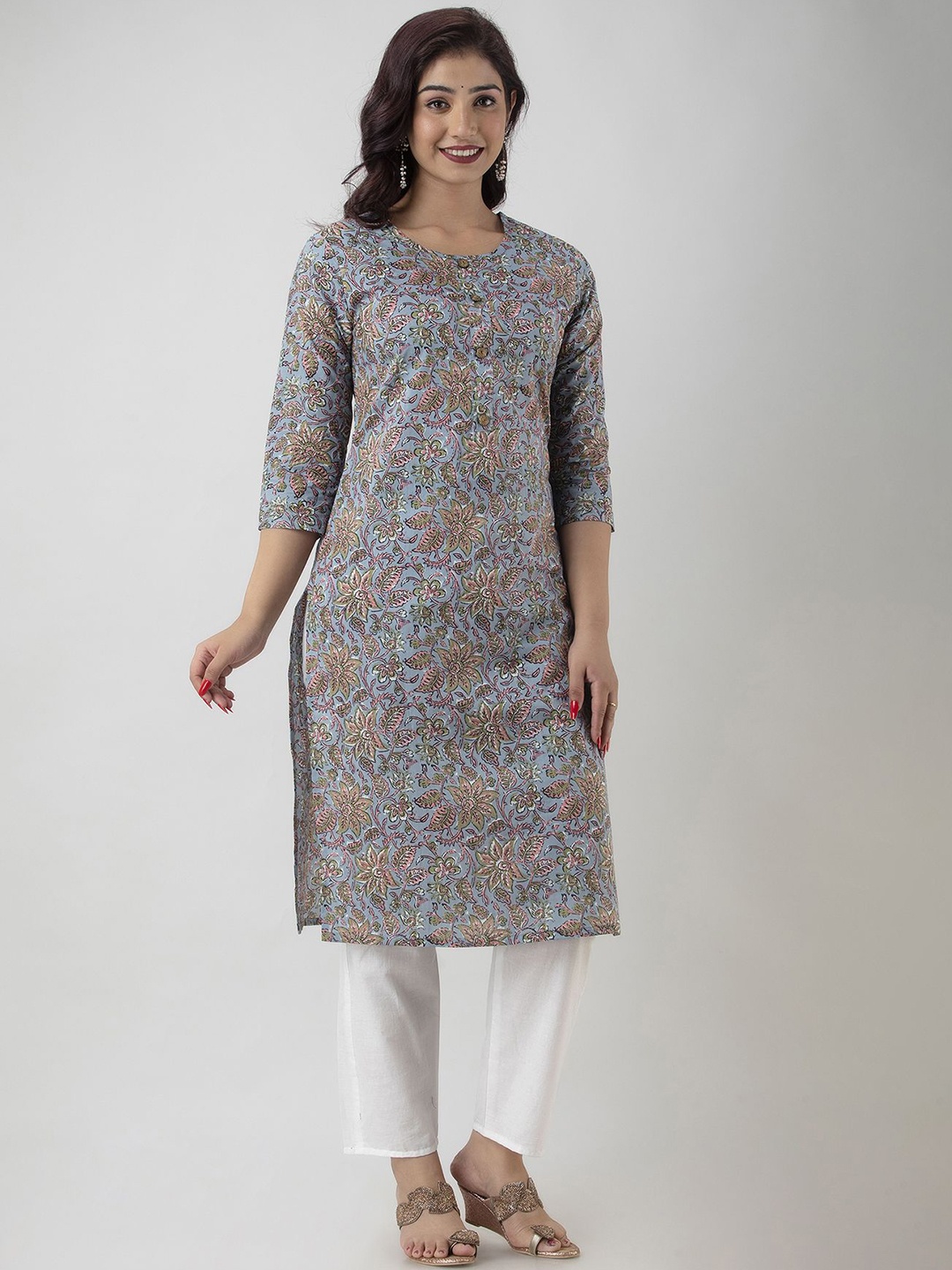 

Manvik fashion Floral Printed Round Neck Cotton Straight Kurta With Trousers, Grey