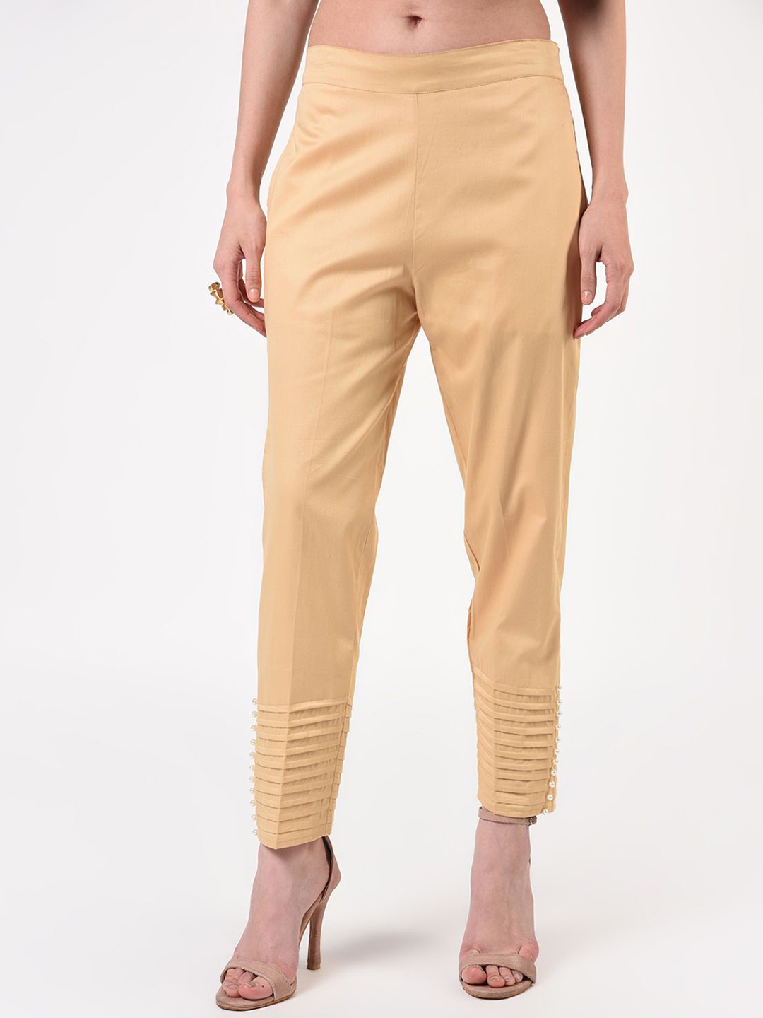 

FLOREOS Women Embellished Relaxed Easy Wash Pure Cotton Pintex Cigarette Trousers, Gold