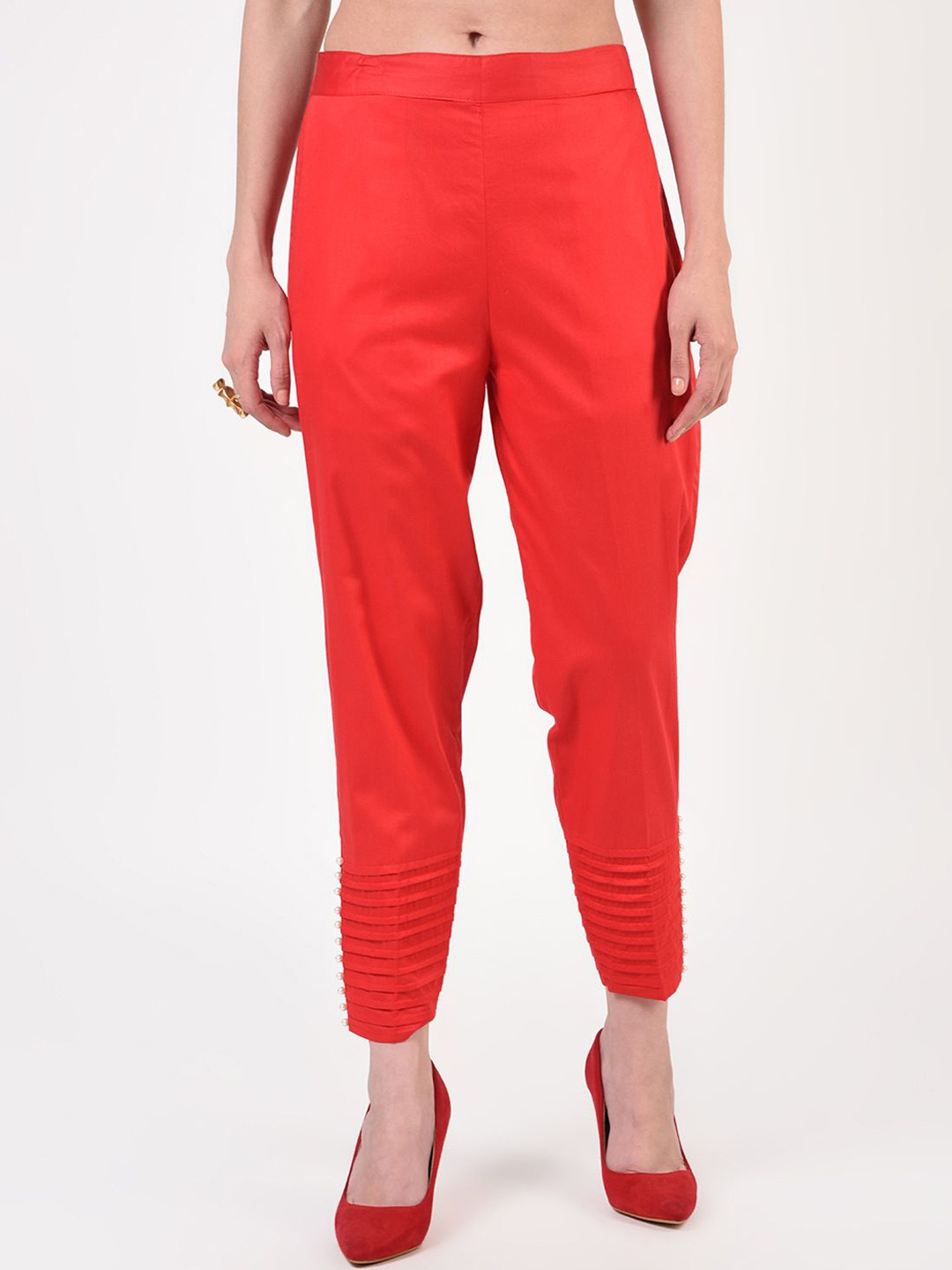 

FLOREOS Women Relaxed Fit Mid-Rise Cotton Cropped Cigarette Trousers, Red