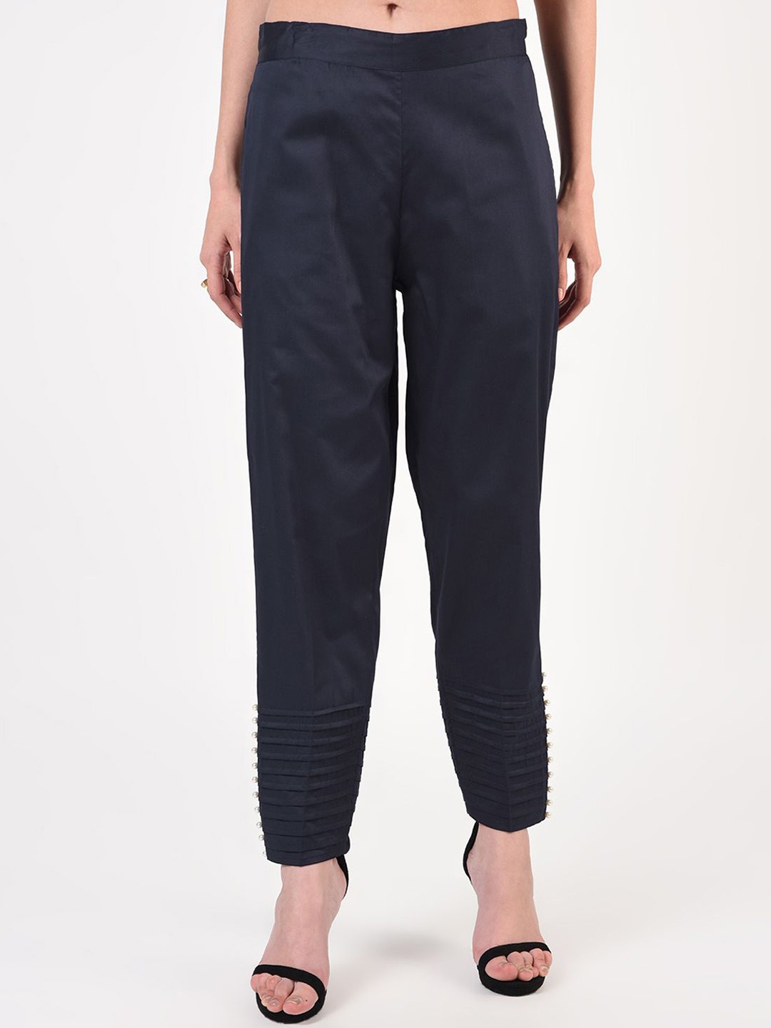 

FLOREOS Women Relaxed Regular Fit Mid-Rise Cotton Cigarette Trouser, Navy blue