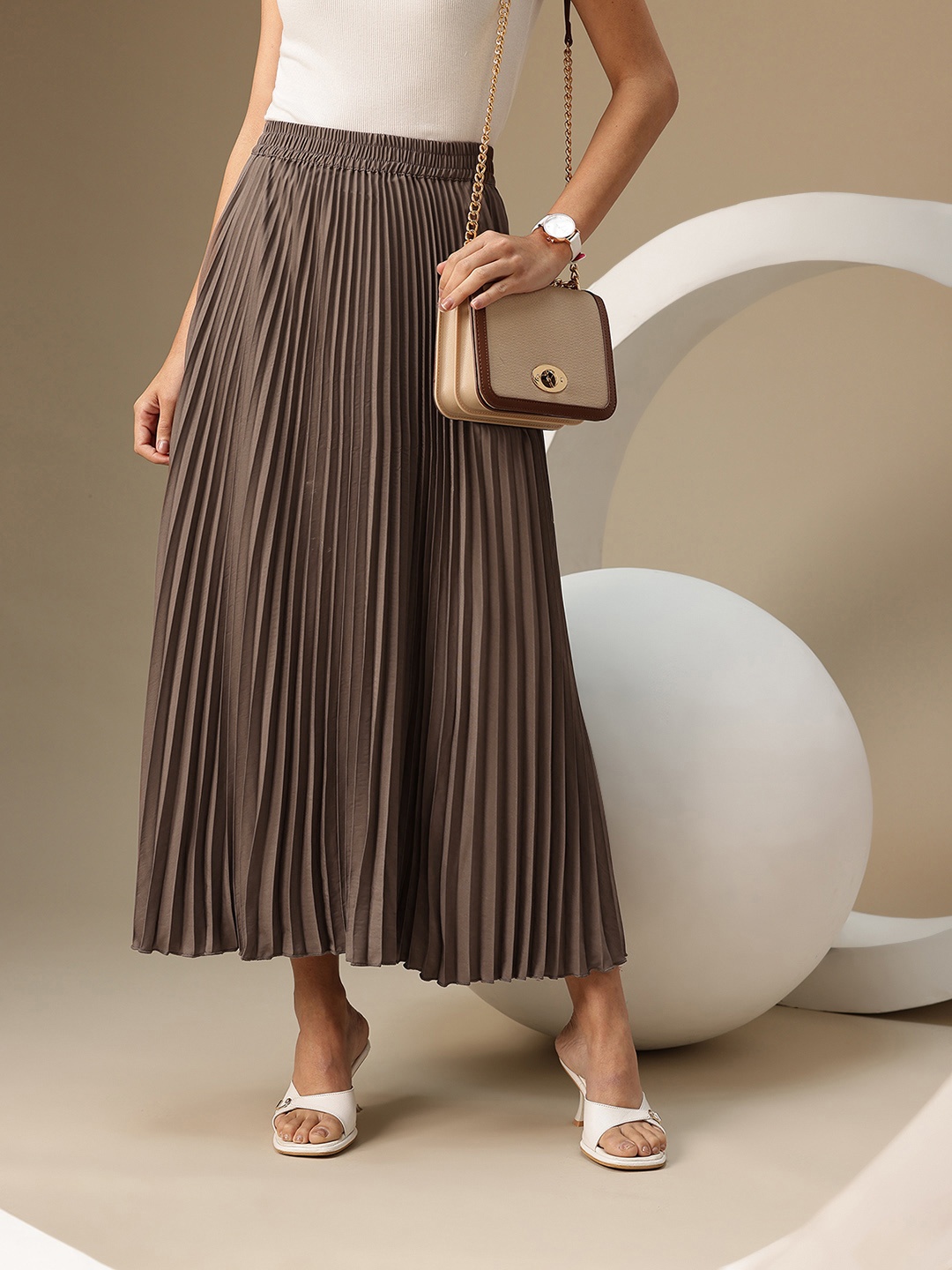 Chemistry Women Accordion Pleated Maxi Skirt, Taupe
