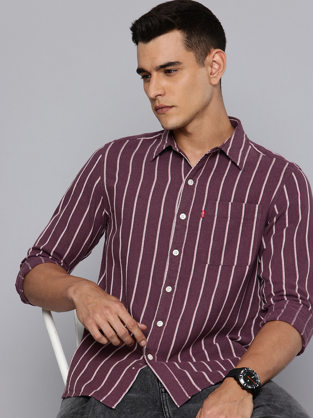 

Levis Linen-Cotton Slim Fit Striped Casual Shirt, Purple